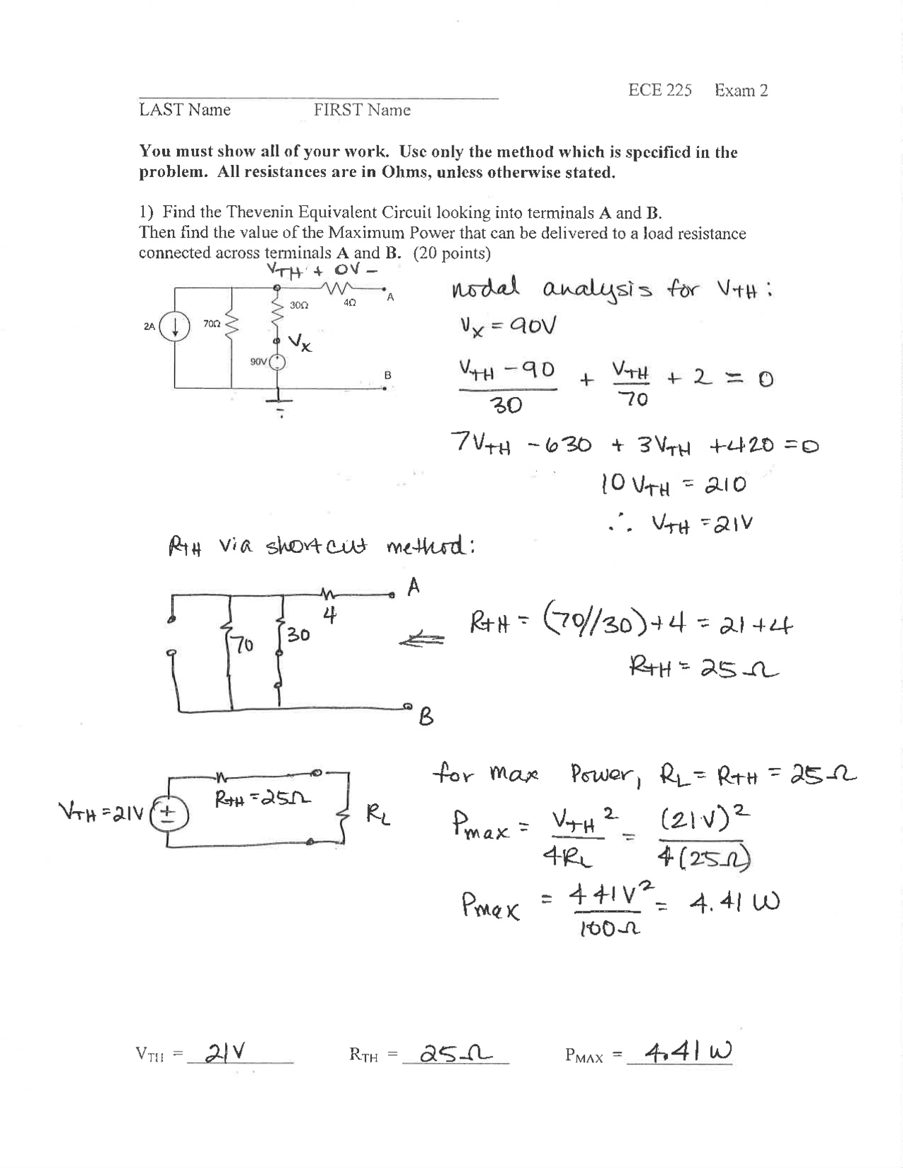 6 Questions on Circuit Analysis with Solution - Exam 2 | ECE 225 - Docsity
