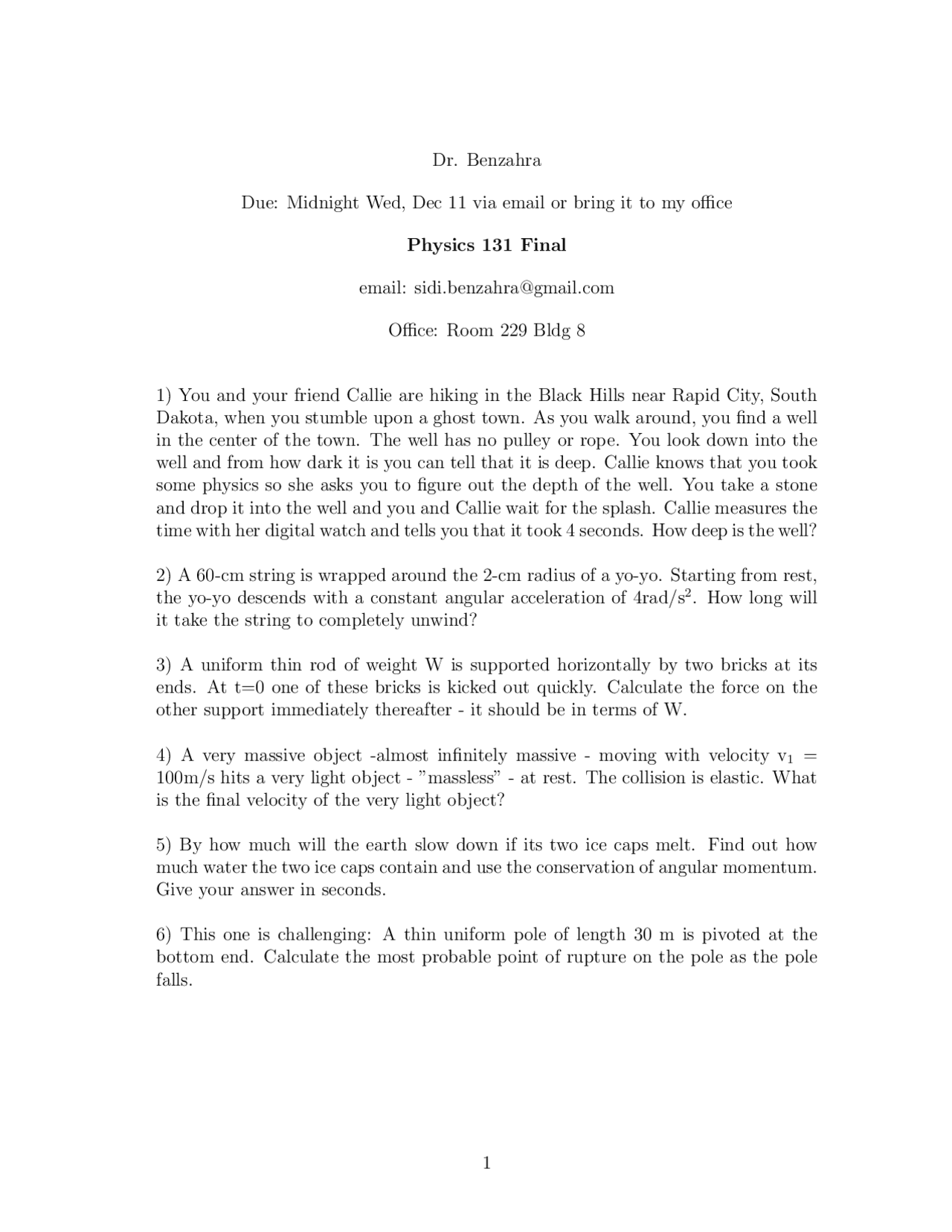 General Physics - Final Exam Paper | PHY 131 - Docsity