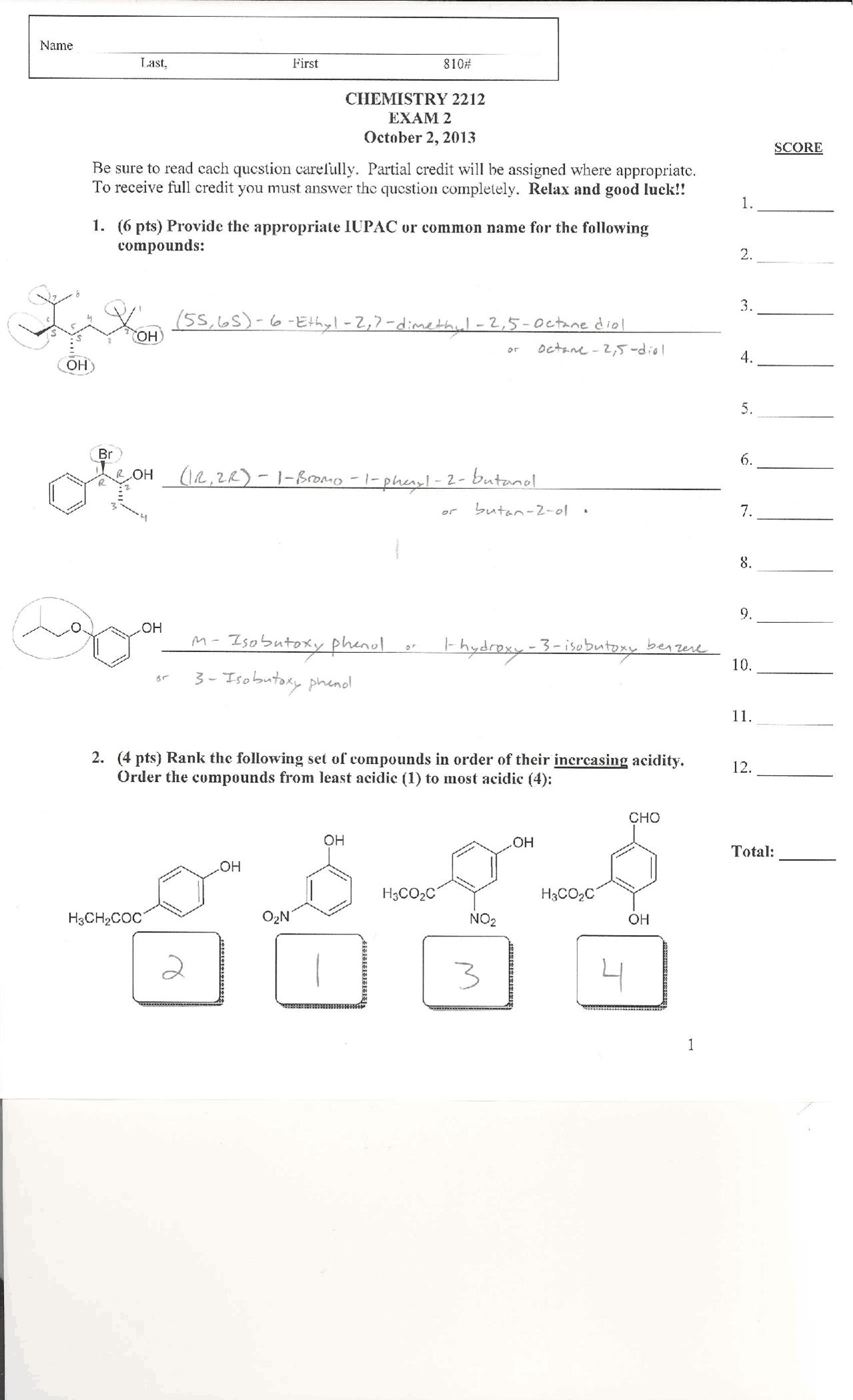 Solutions for Exam 2 - Modern Organic Chemistry II | CHEM 2212 - Docsity