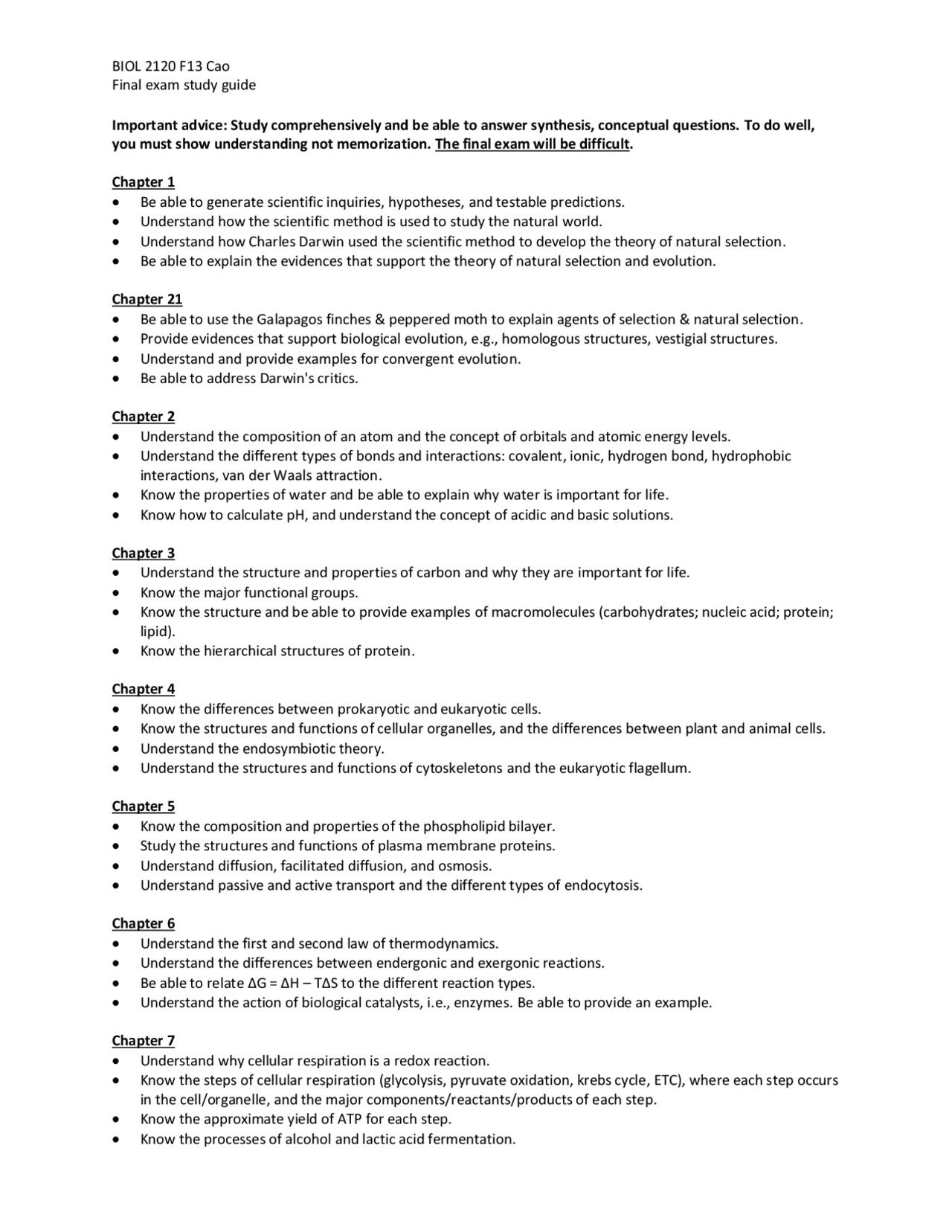 Final Exam Study Guide - General Biology I | BIOL 2120 | Study notes ...