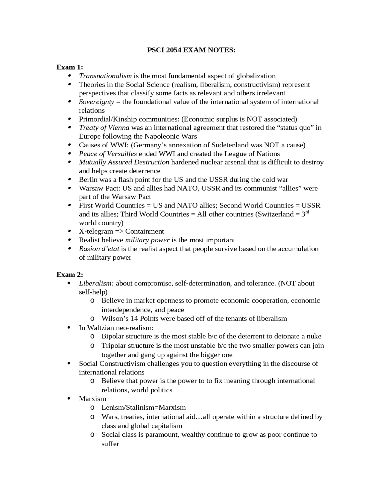 Introduction to World Politics - Final Test Study Guide | PSCI 2054 ...