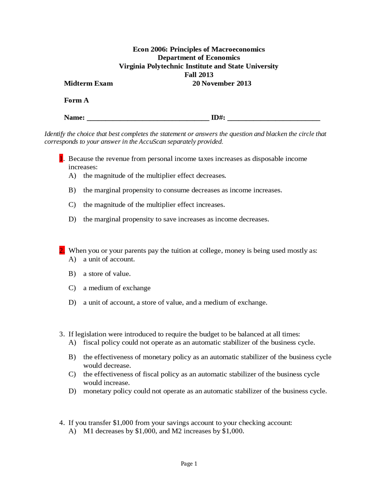 Questions for Exam 3 - Principles of Economics - Fall 2013 | ECON 2006 ...