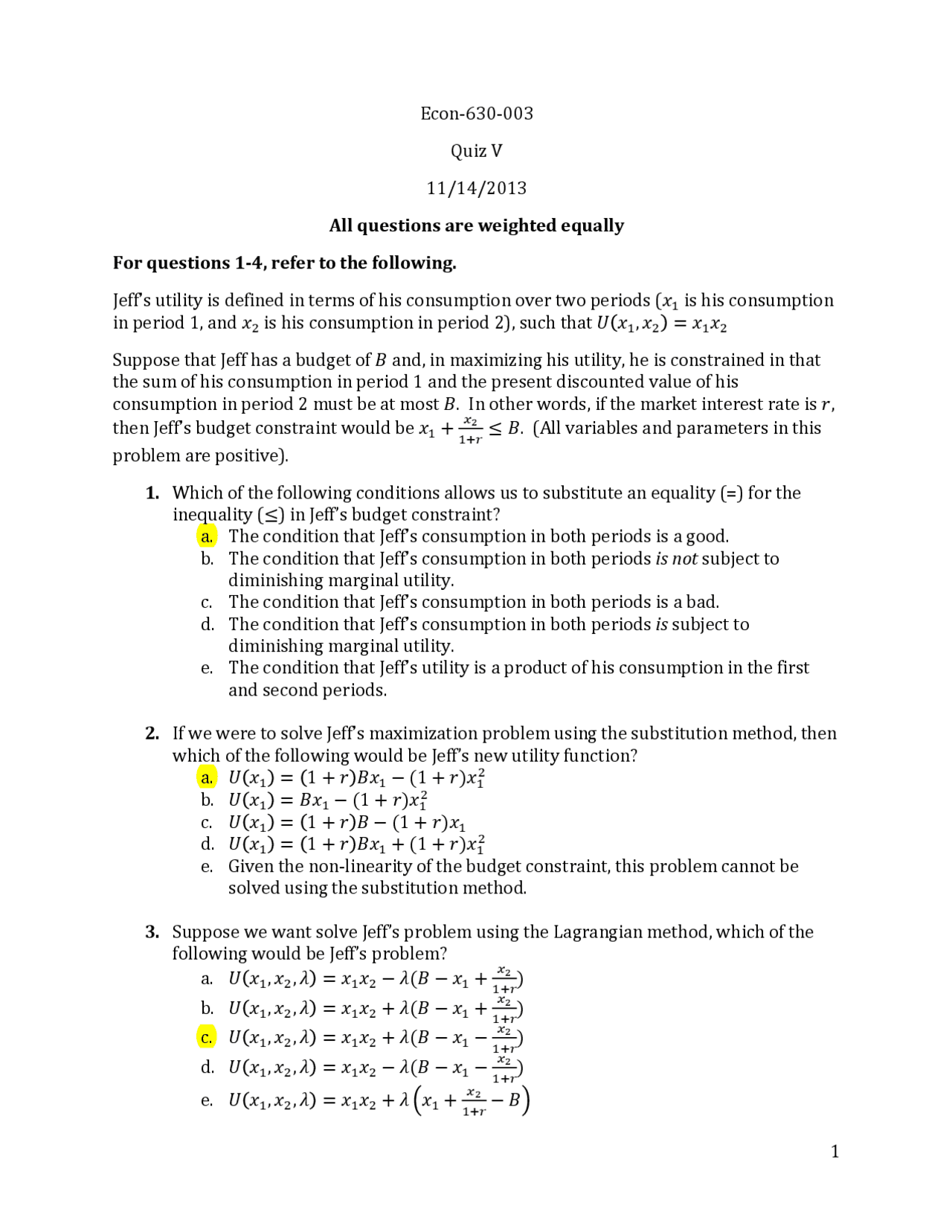 5 Questions Of Mathematical Economics I Quiz 5 Econ 630 Docsity