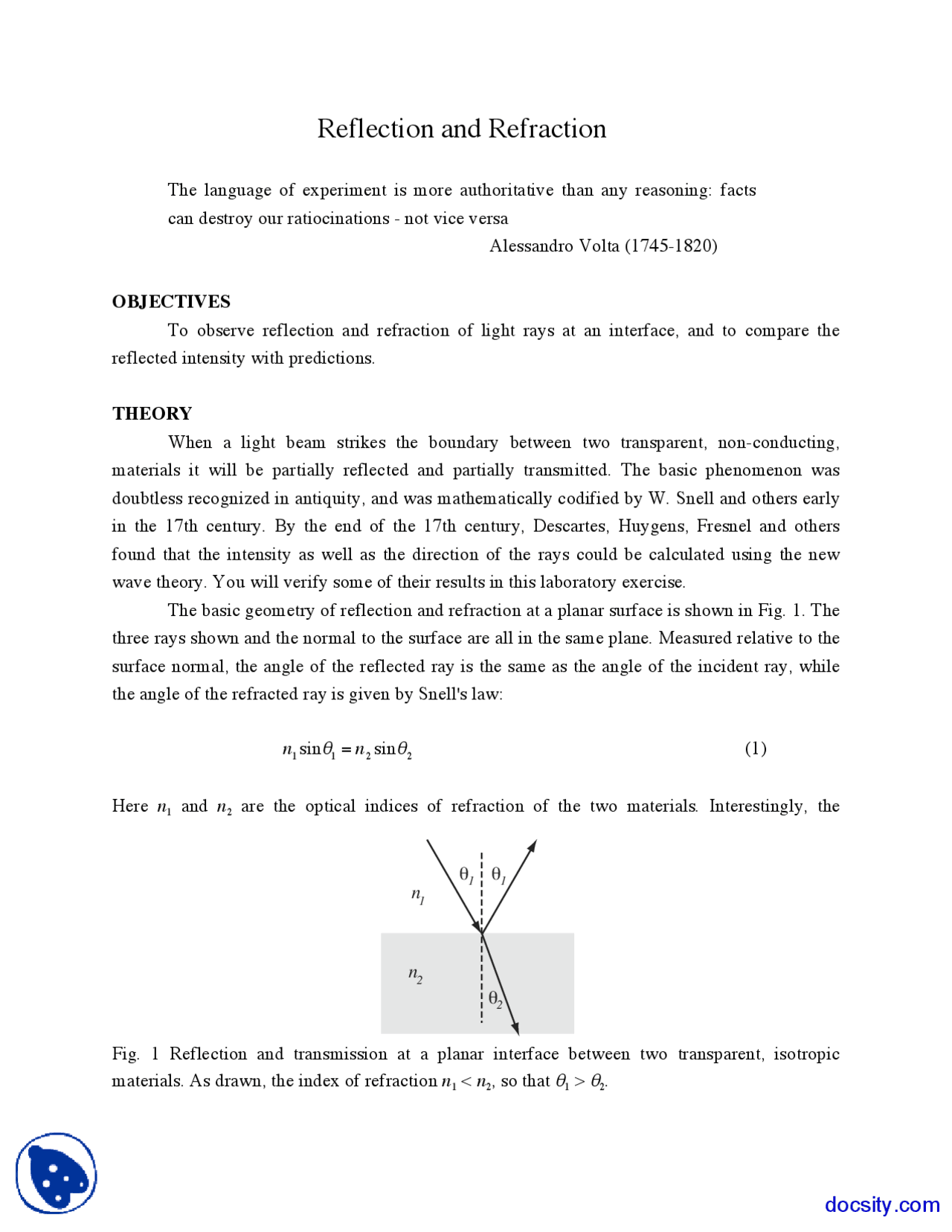 Reflection and Refraciton - Waves and Optics - Lab Manual - Docsity