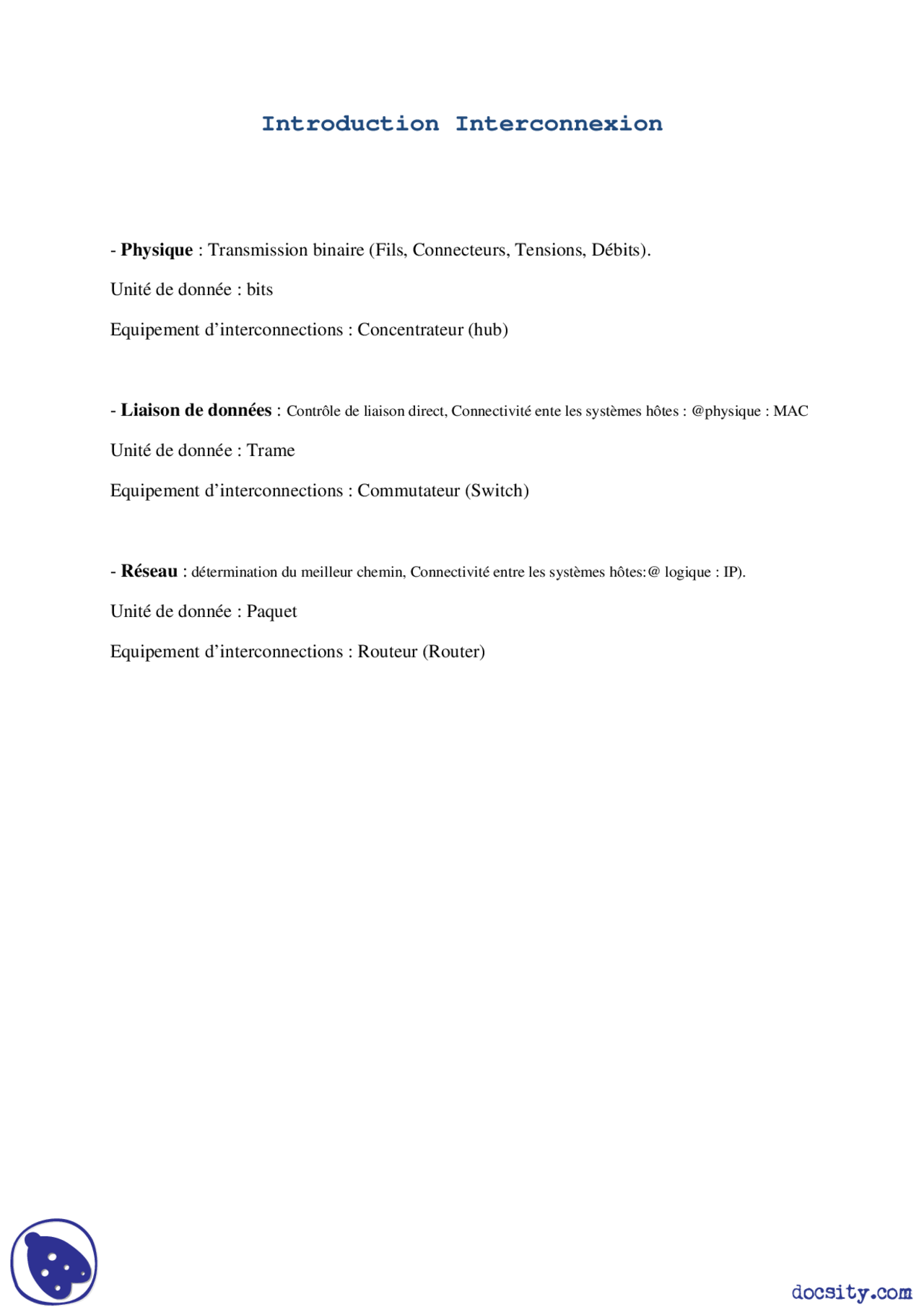 Notes sur l'Introduction à l'interconnexion - Docsity