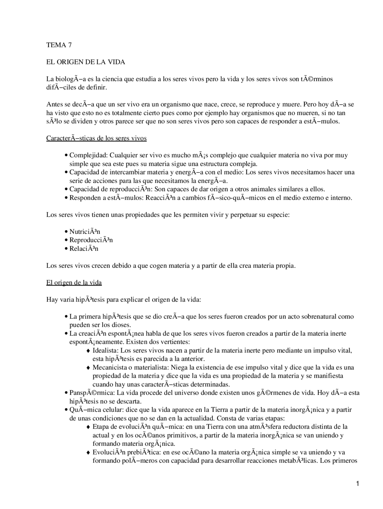 Apuntes sobre el Origen de la Vida - Docsity