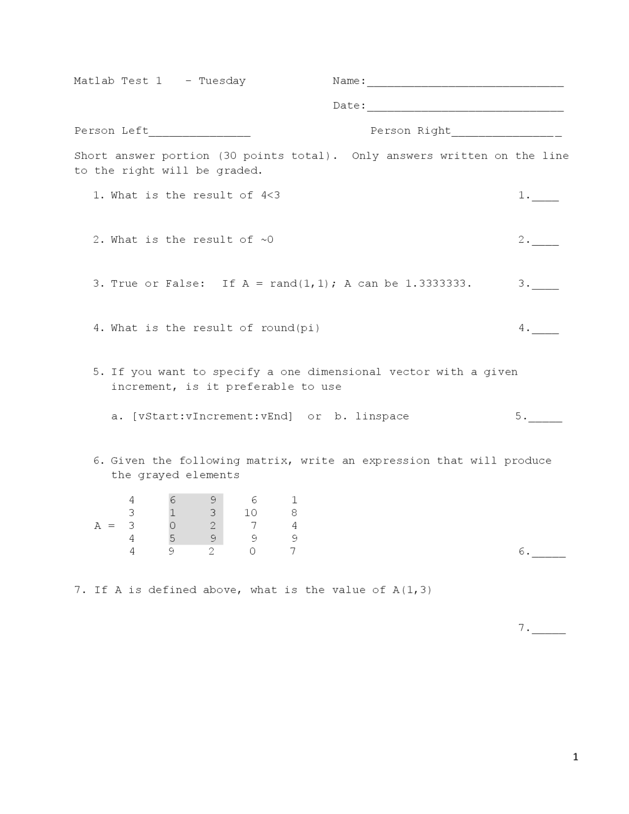 Questions of Introduction to Matlab - Exam 1 | ENME 271 | Exams ...