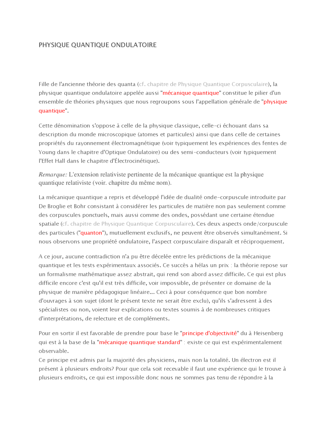 Notes sur le thème de la physique quantique ondulatoire - 1° partie ...