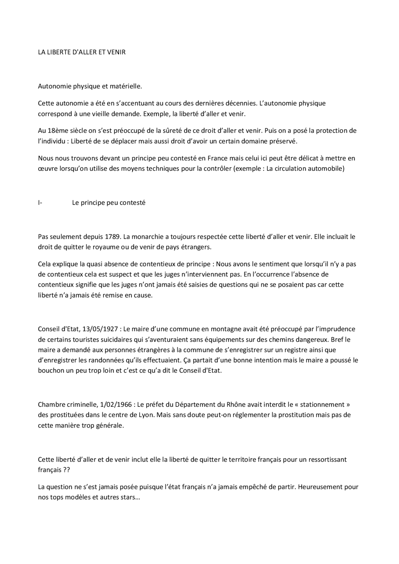 Résumé sur la liberté d'aller et venir Docsity