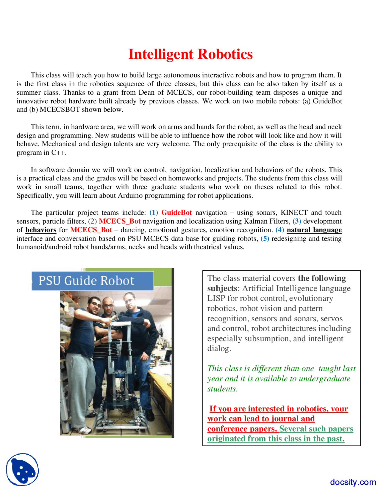 Intelligent Robotics - Embedded Intelligent Robotics - Lecture Notes ...