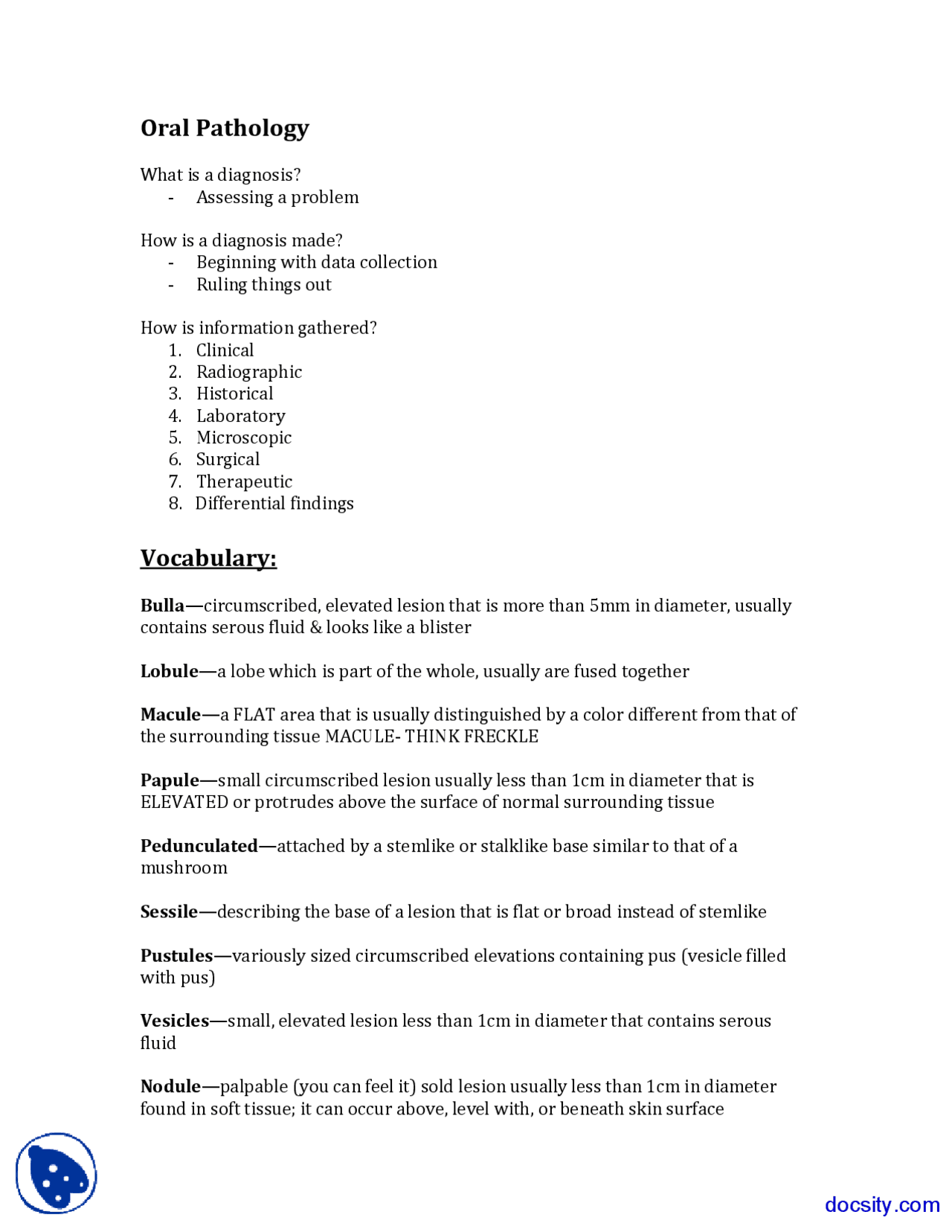 Clinical Diagnosis - General and Oral Pathology - Lecture Notes - Docsity