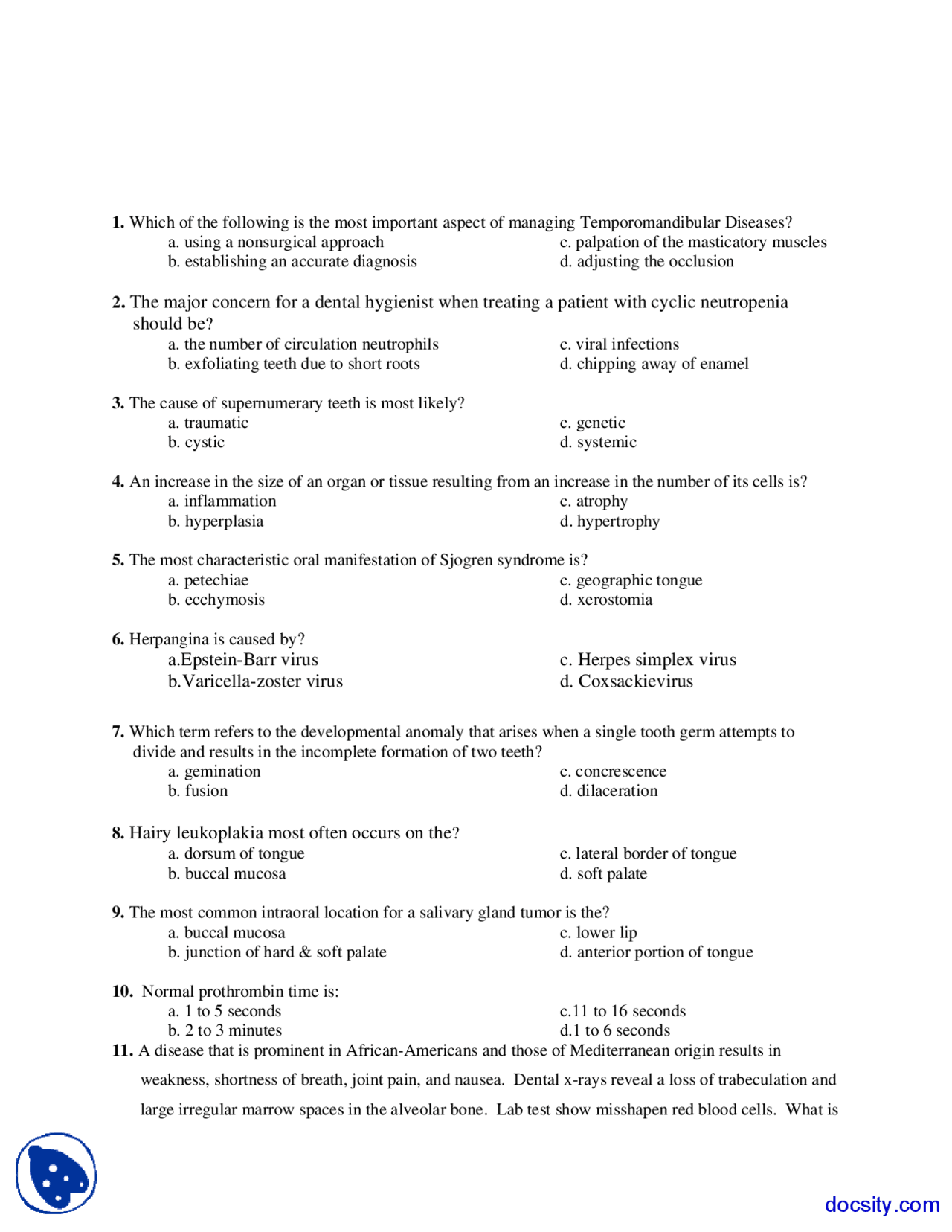 Temporomandibular Diseases General and Oral Pathology Quiz Docsity