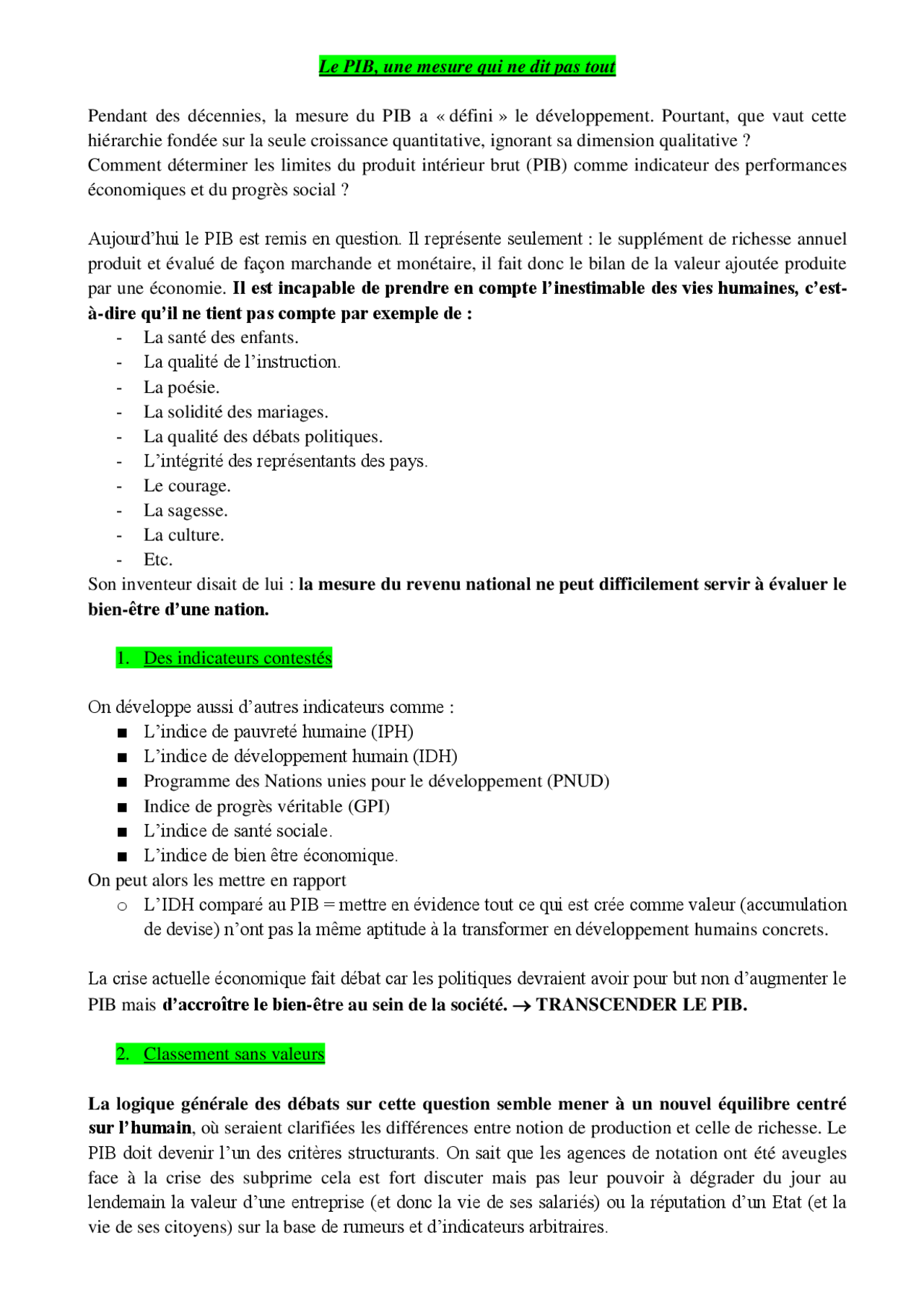 Notes sur le PIB, une mesure qui ne dit pas tout - Docsity