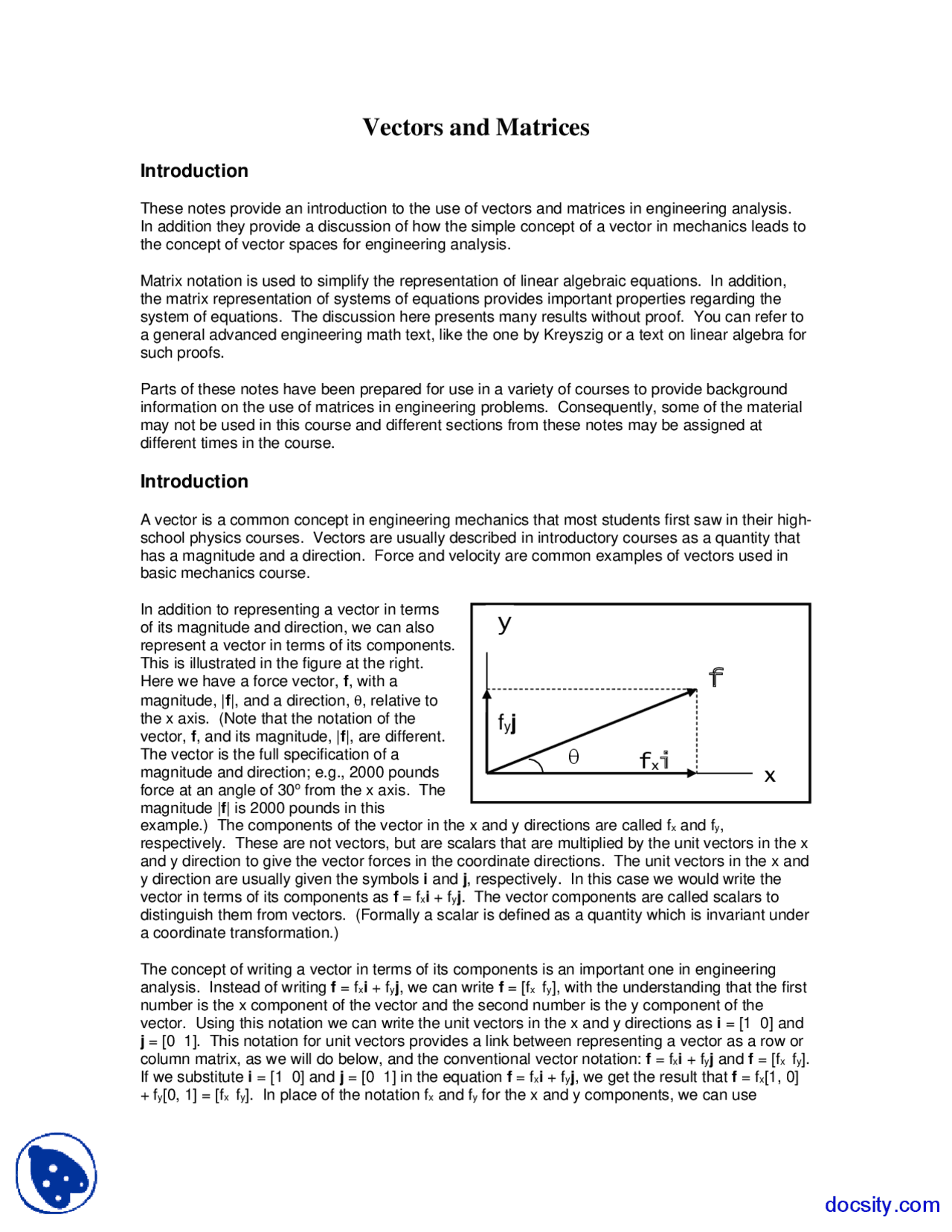 Vectors and Matrices - Seminar in Engineering Analysis - Lecture Notes ...