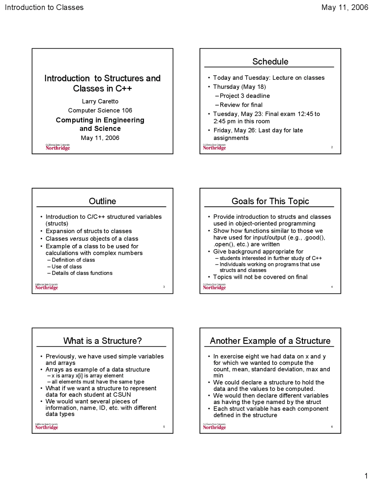 Class Construction Computer Science Introduction to Structures and Classes - Computing in Engineering and ...