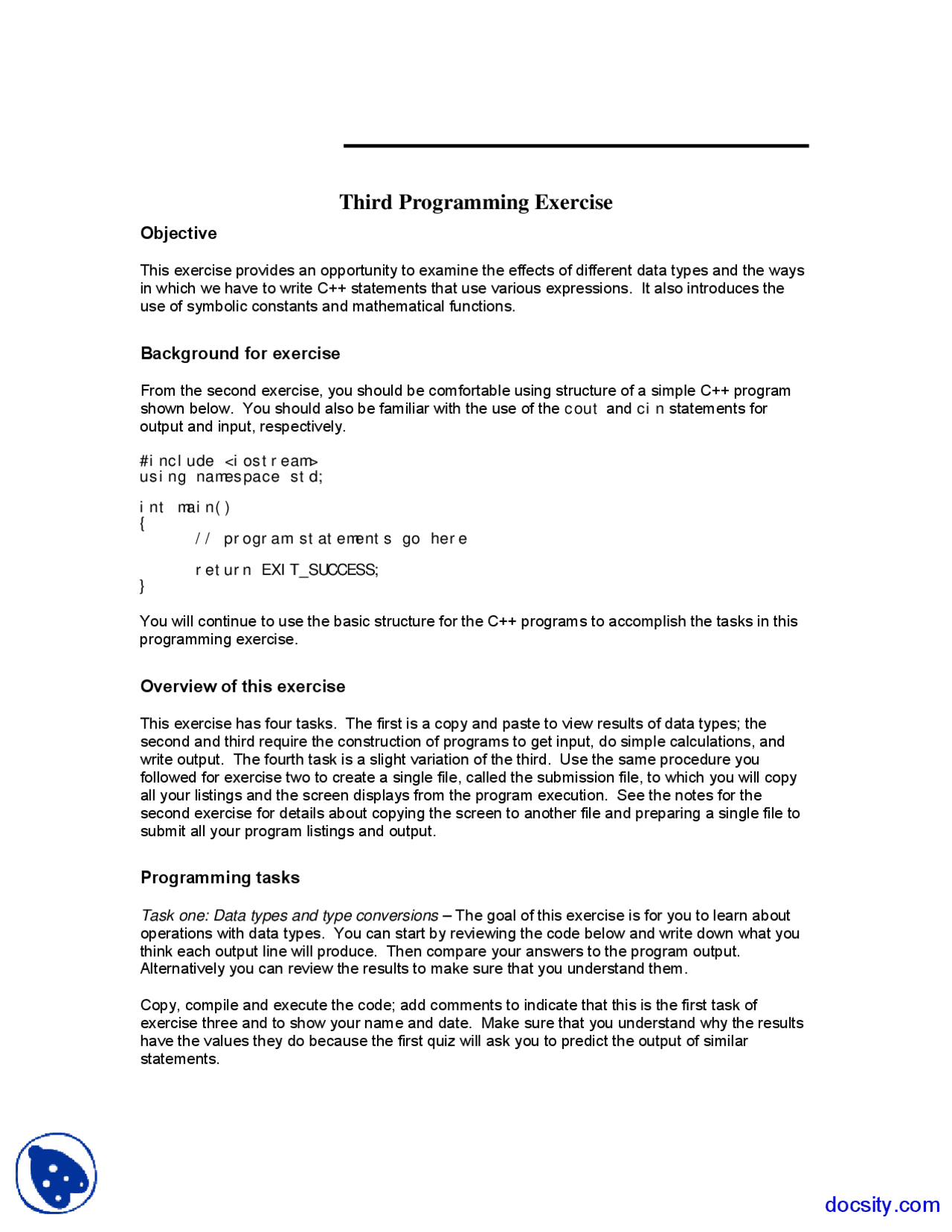 Data Types - Computing in Engineering and Science - Exercise - Docsity