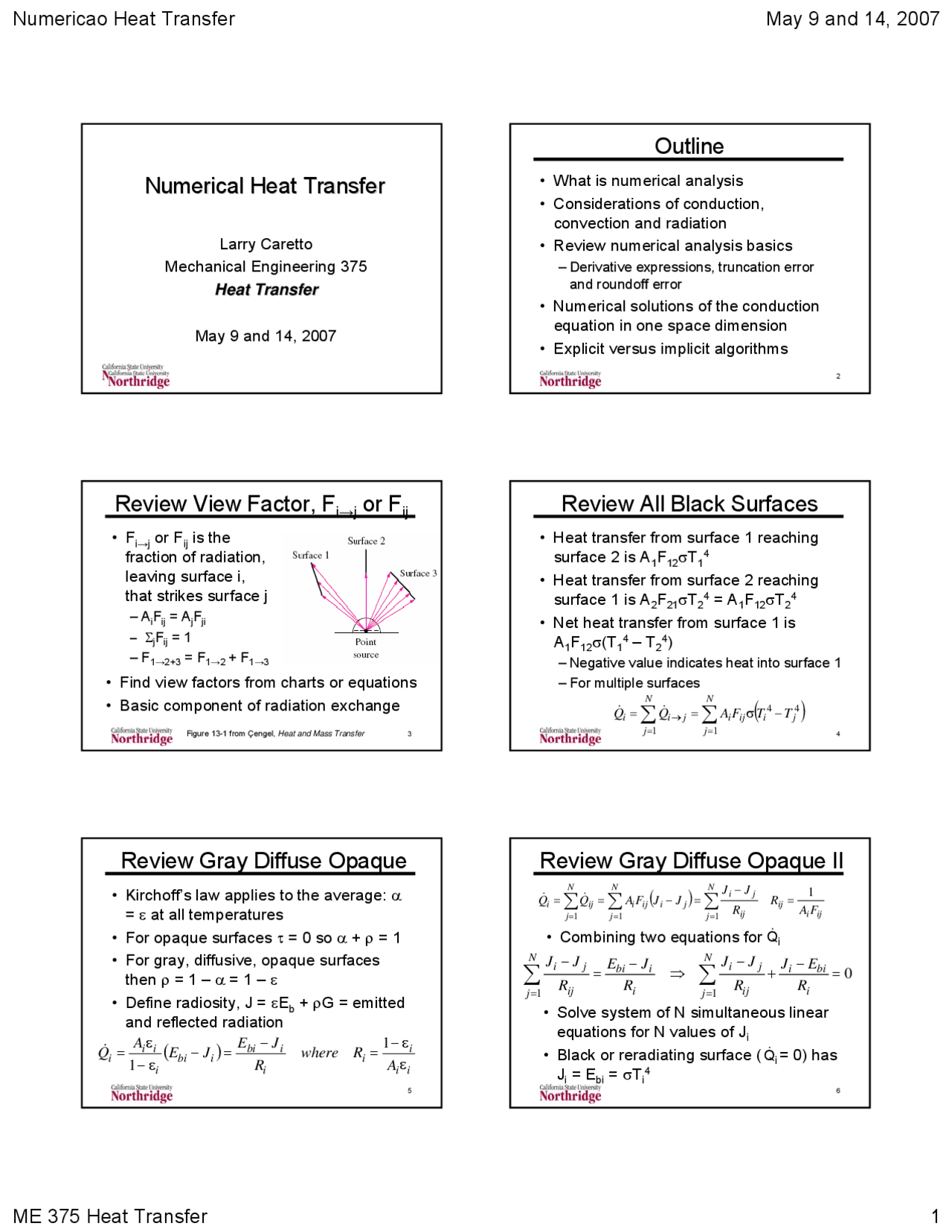 Numerical Heat Transfer, Gray Diffuse Opaque Heat Transfer Lecture Slides Docsity