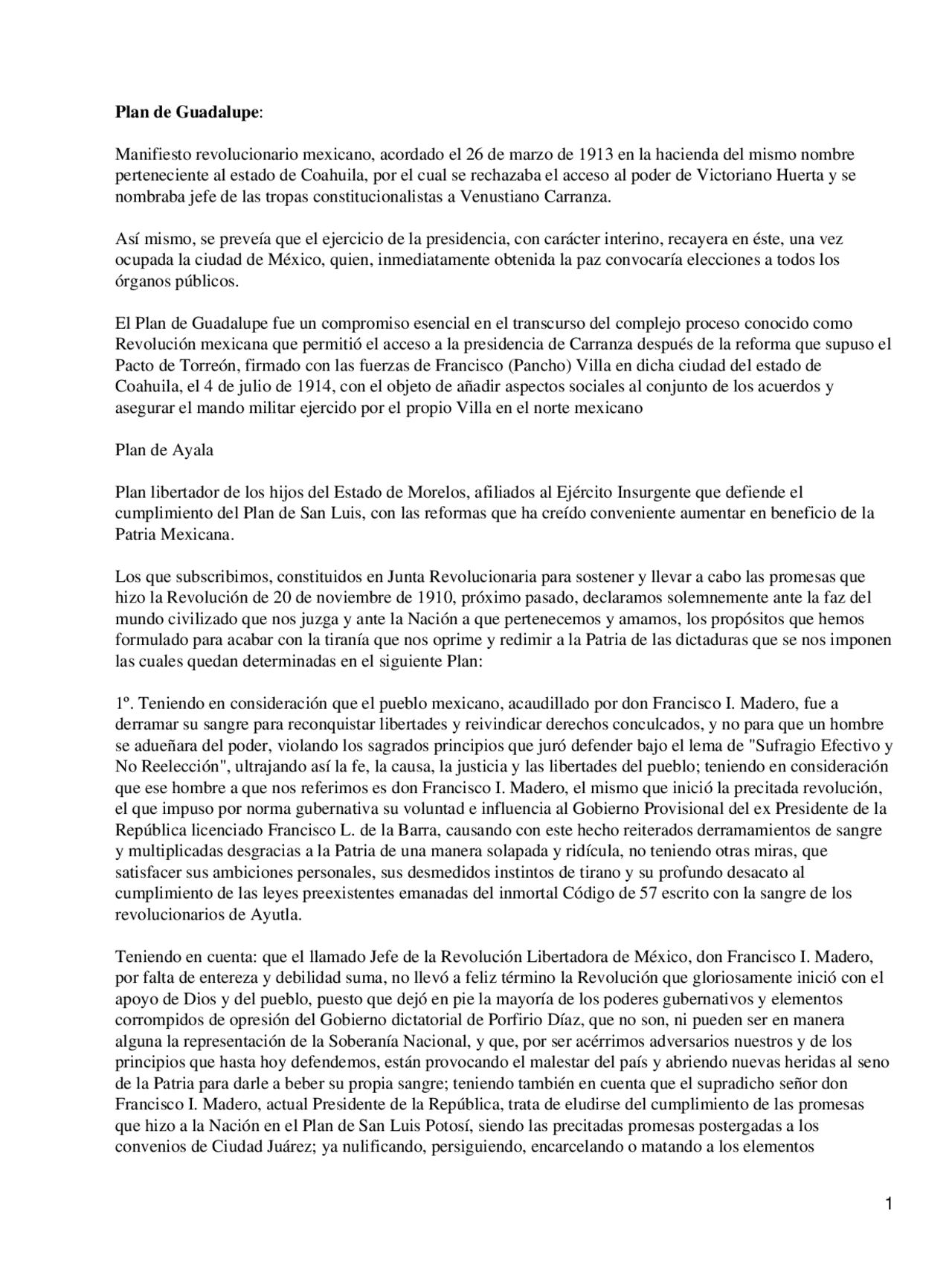 Plan De Guadalupe Resumen Para Ninos