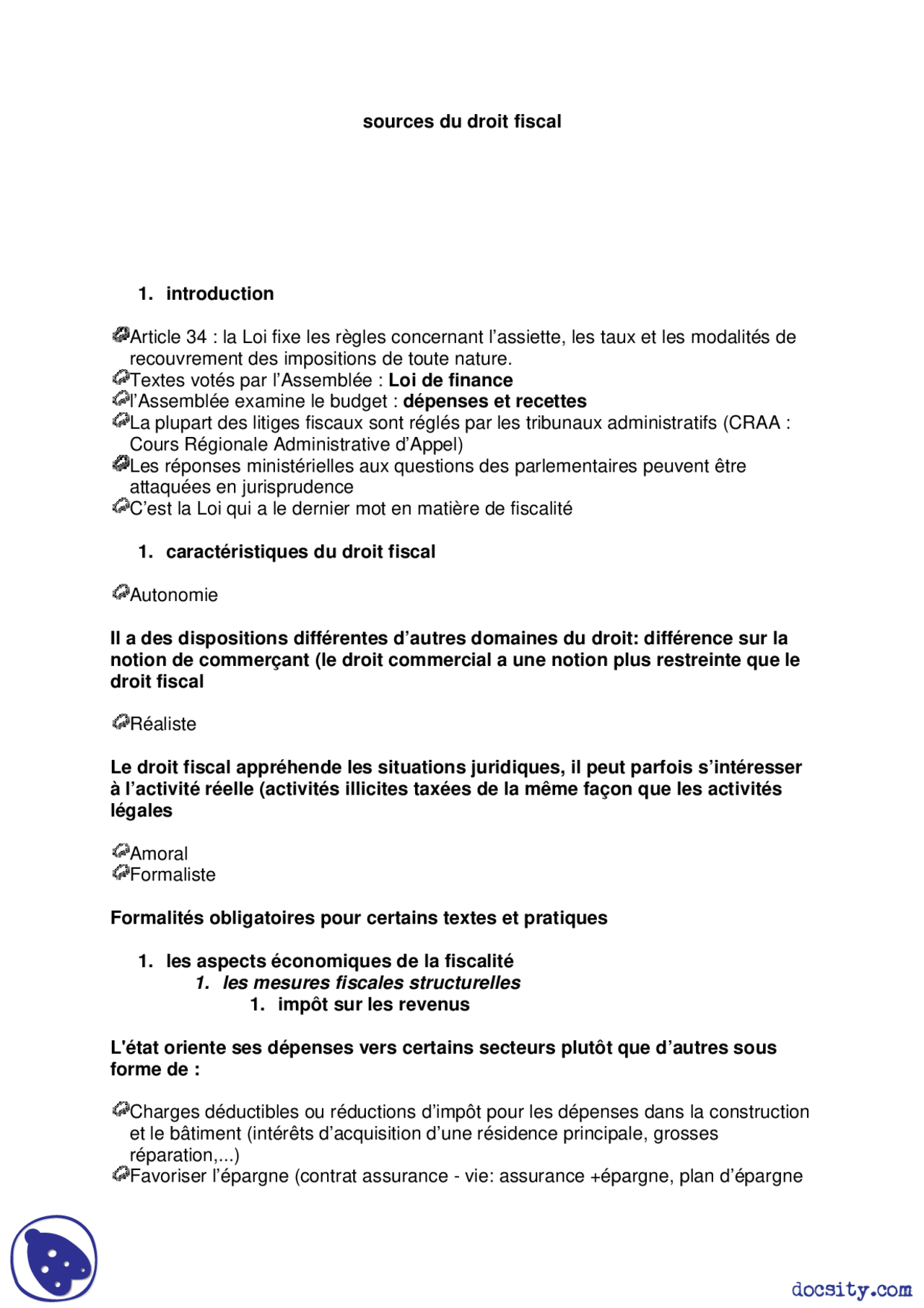 Notes sur les sources du droit fiscal - Docsity