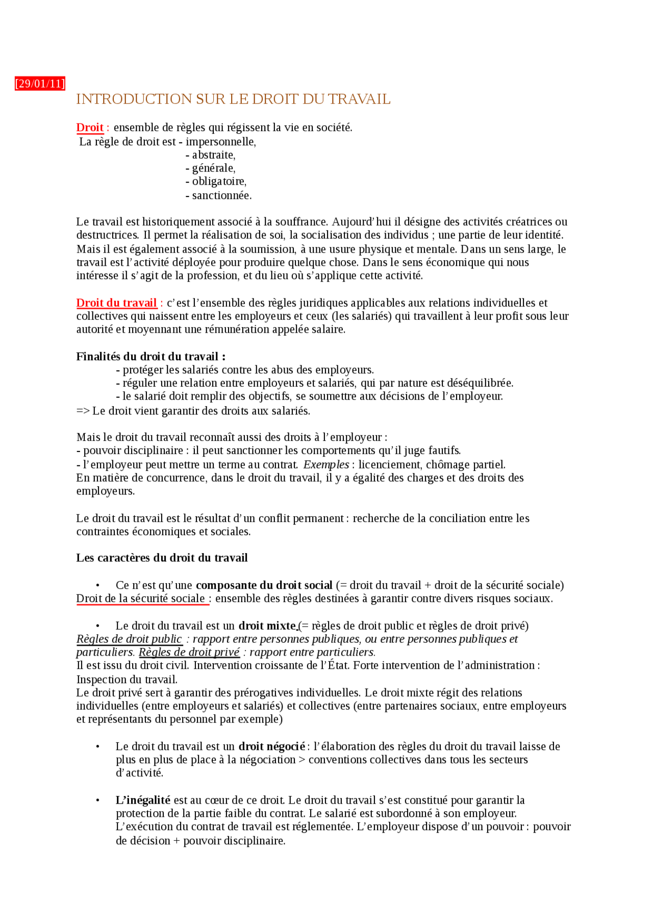 Notes sur l'introduction au droit du travail - Docsity