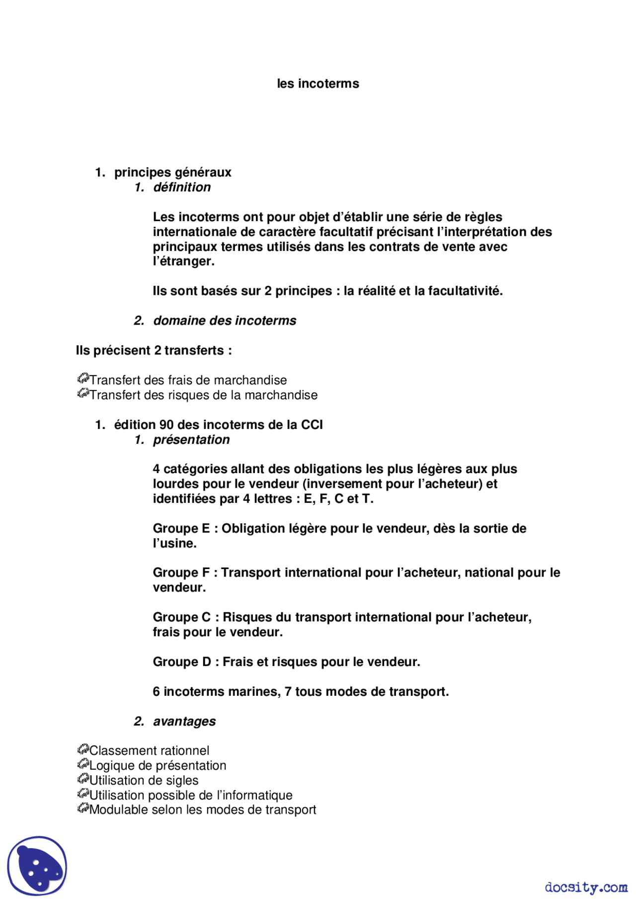 Notes sur les incoterms - Docsity