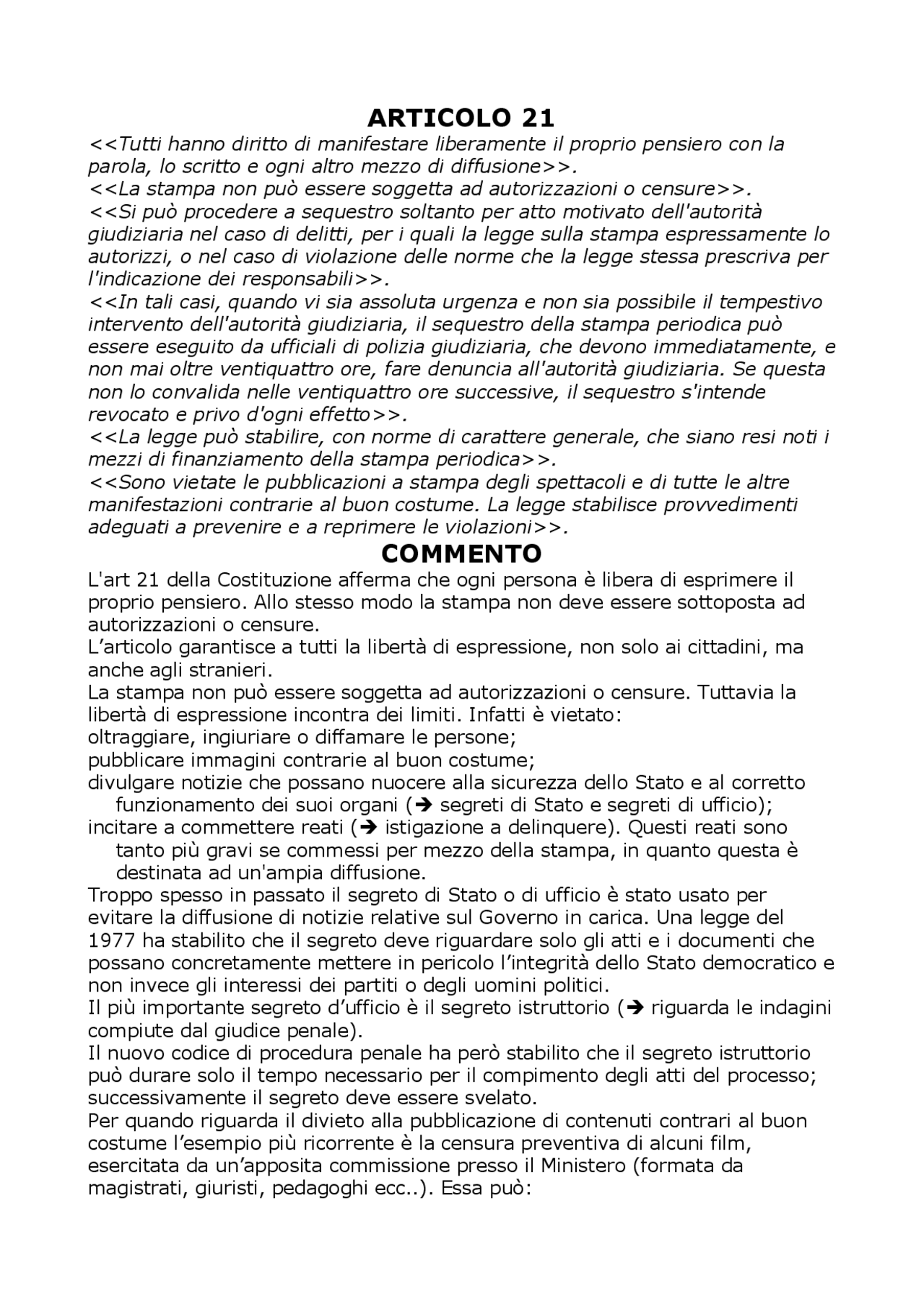Commento ART 21 della Costituzione Italiana Docsity Commento ART 21 della Costituzione Italiana Docsity