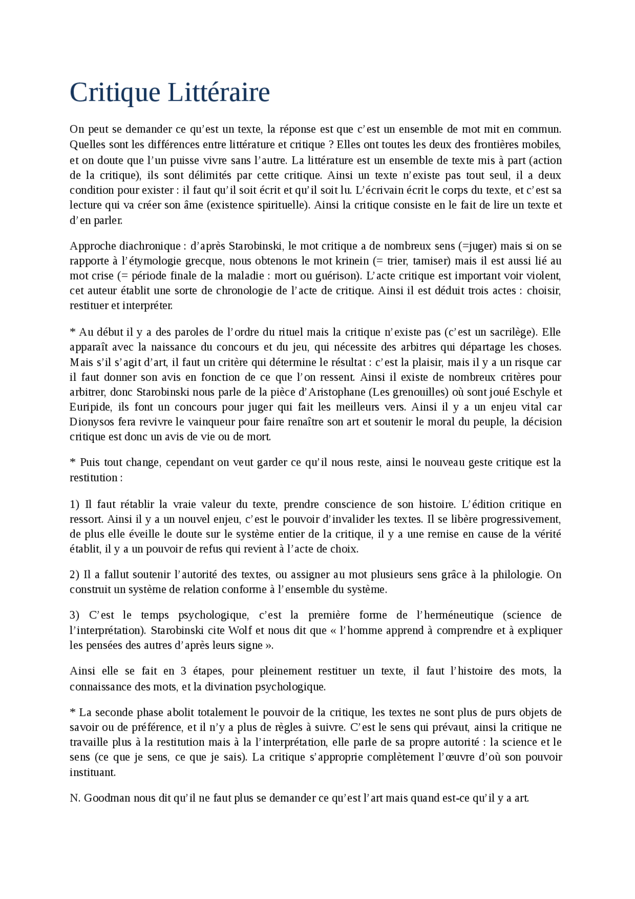 Notes sur la question de la critique littéraire  Notes Langage logique pour la base de données