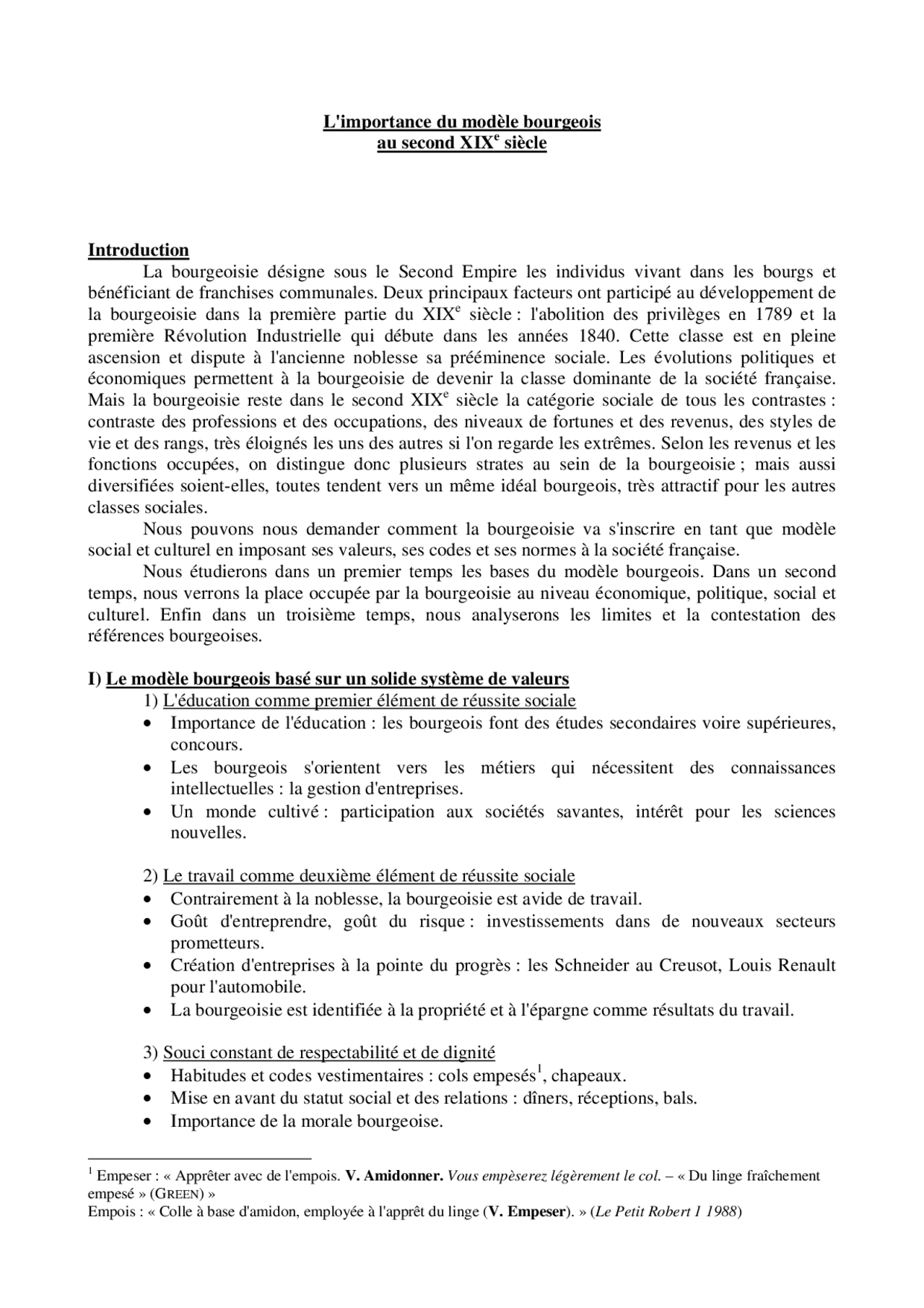 Notes sur l'importance du modèle bourgeois au second XIXe siècle - Docsity