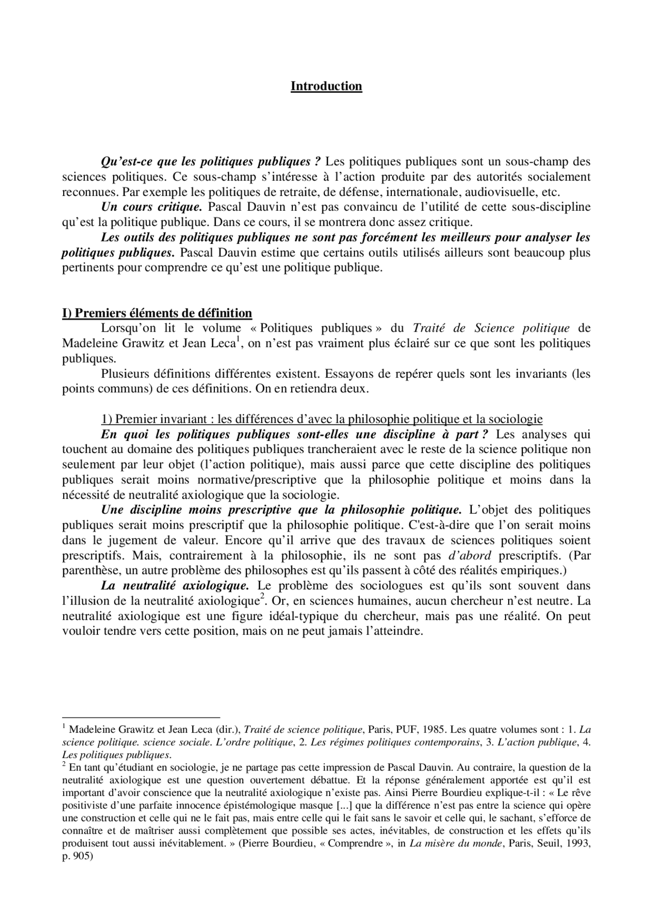 Notes sur l'introduction aux politiques publiques - Docsity