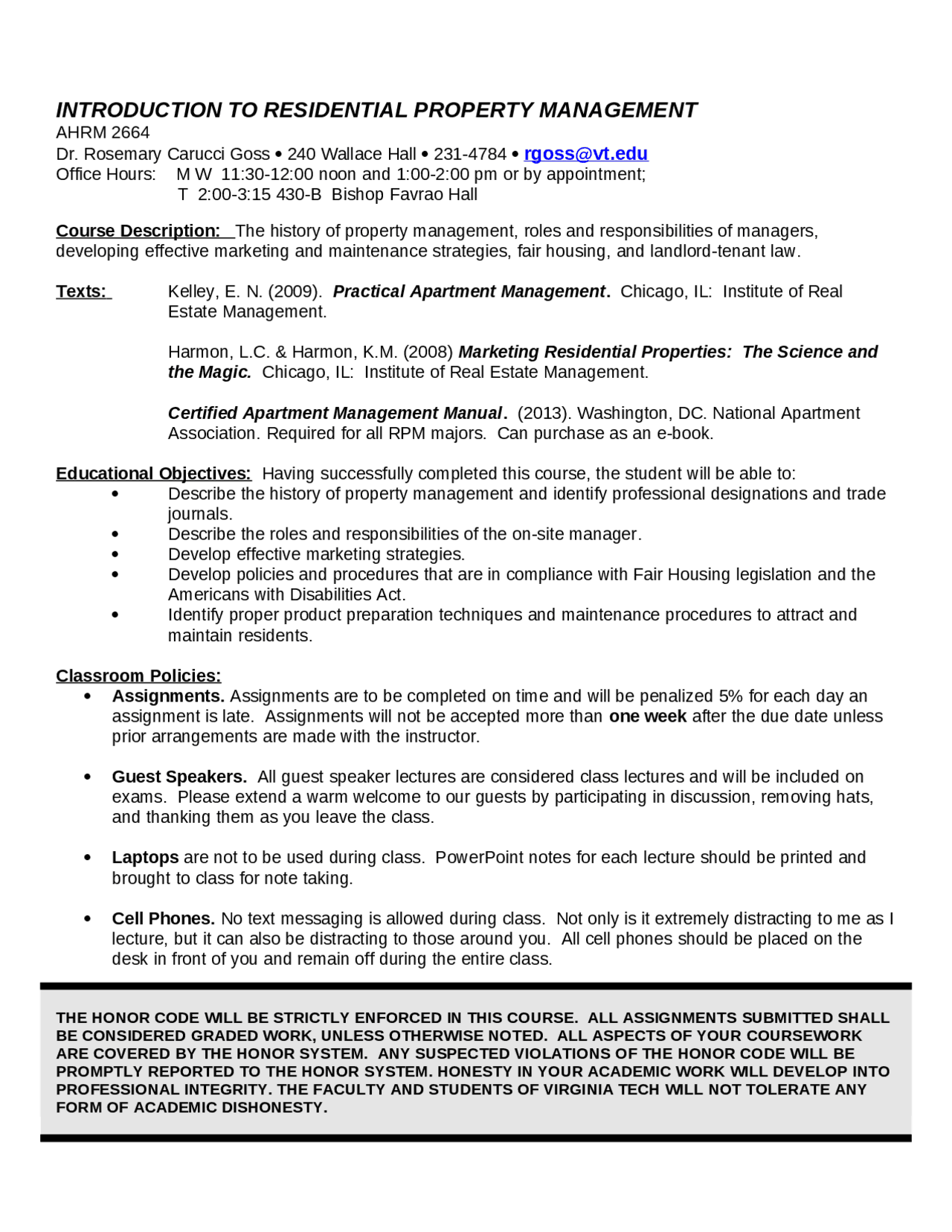 Residential Property Management Course: AHRM 2664 - Prof. Rosemary C ...
