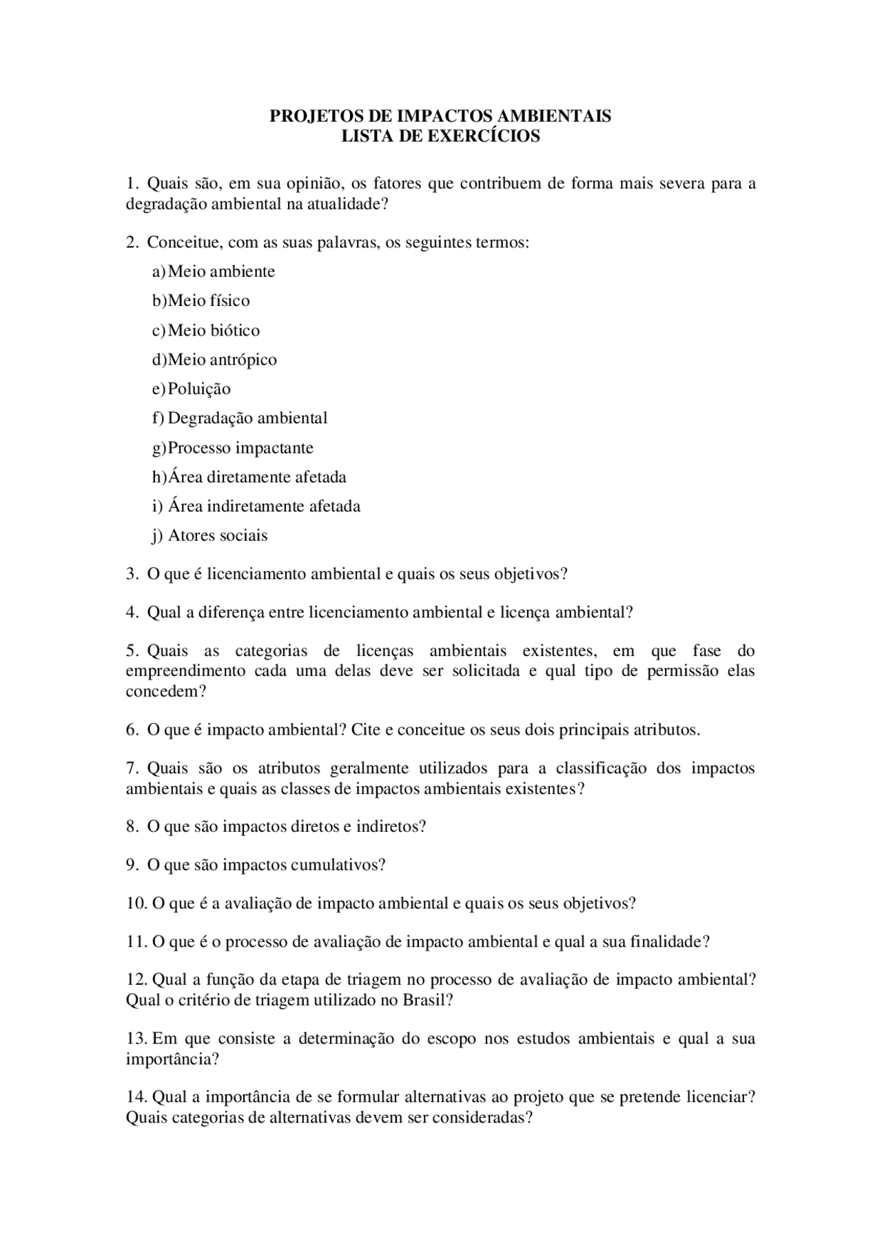 Lista de Exercícios de Impactos Ambientais | Exercícios Ciência ...