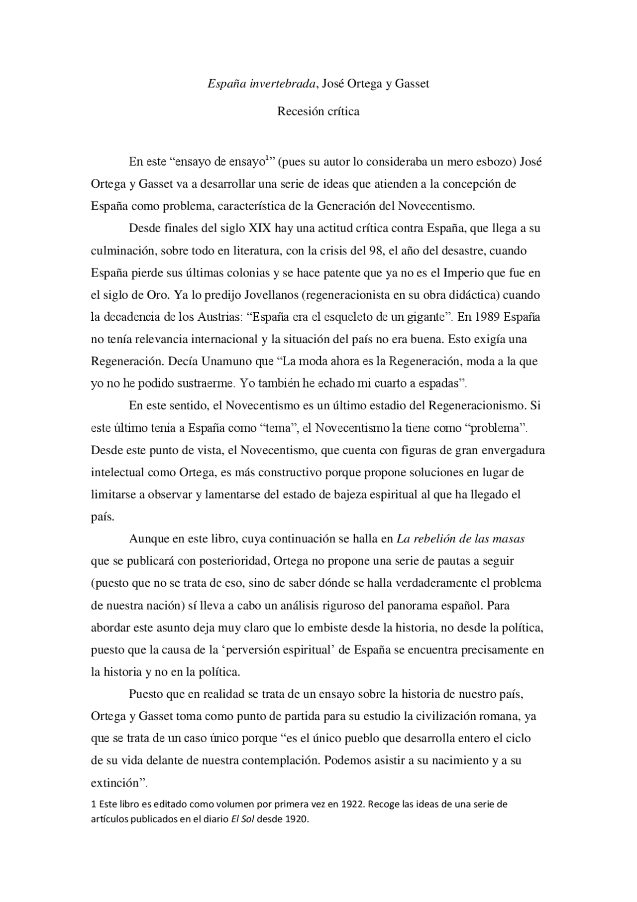 Resumen Espana Invertebrada Jose Ortega Y Gasset Docsity
