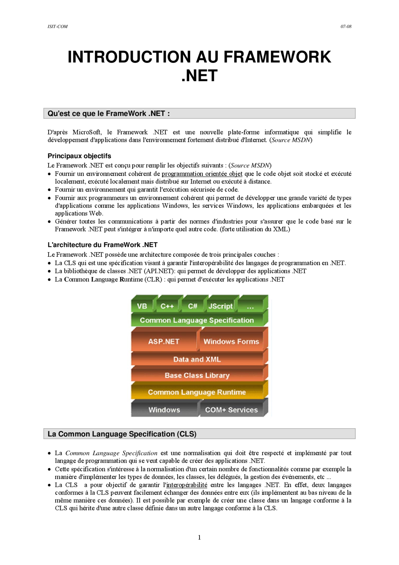 Notes sur l'introduction au framework.net - 1° partie - Docsity