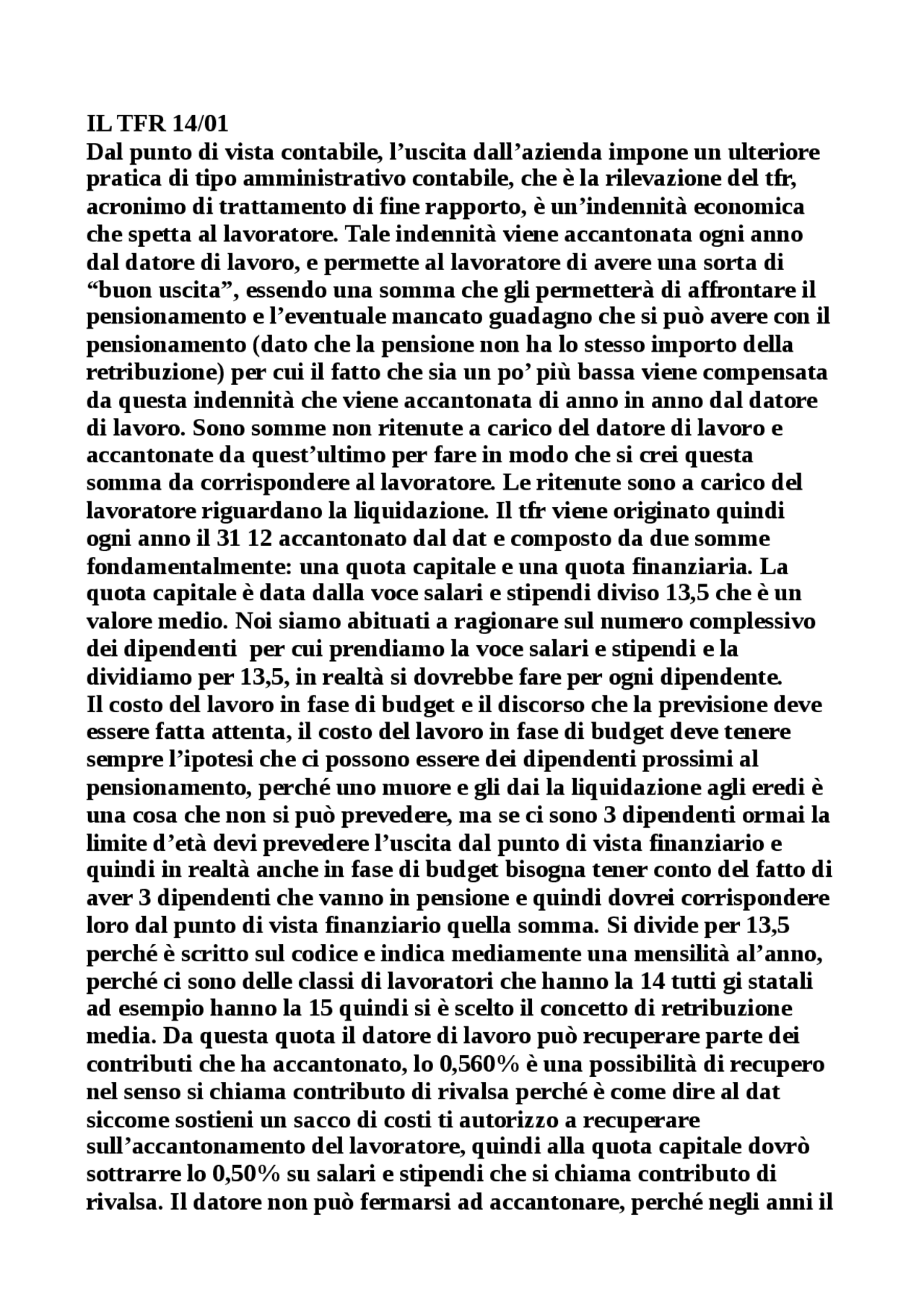 IL TFR | Appunti di Economia Aziendale | Docsity