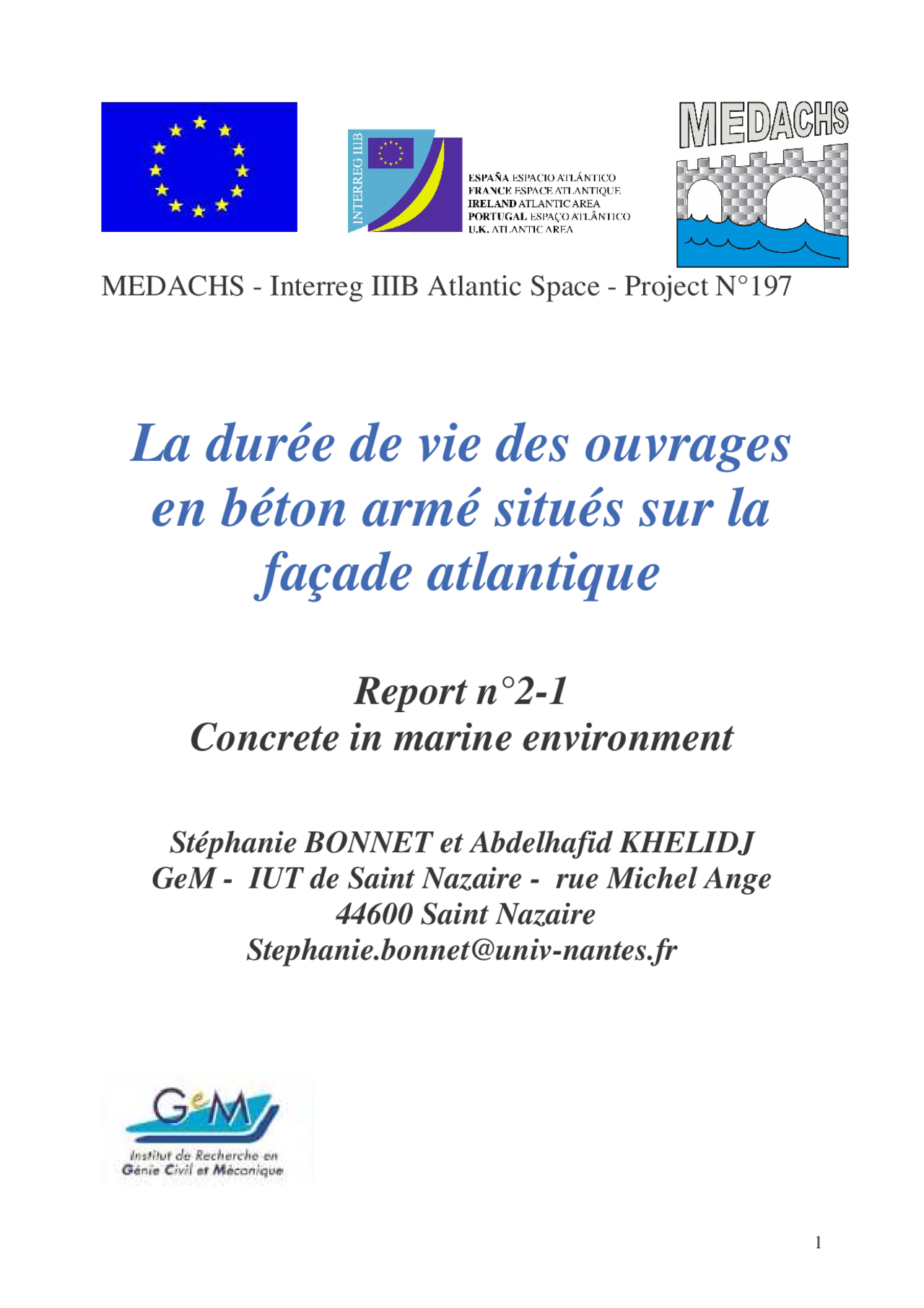 Notes sur la durée de vie des ouvrages en béton armé situés sur la façade atlantique 1° partie