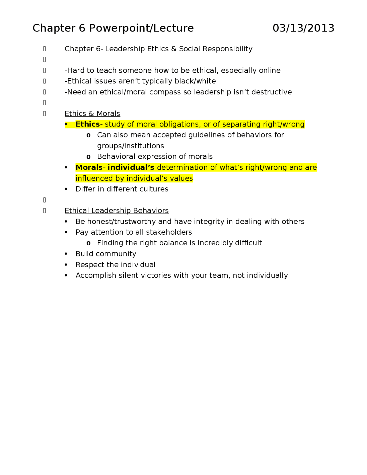 Leadership Ethics and Social Responsibility - Notes | HRE 3723 - Docsity