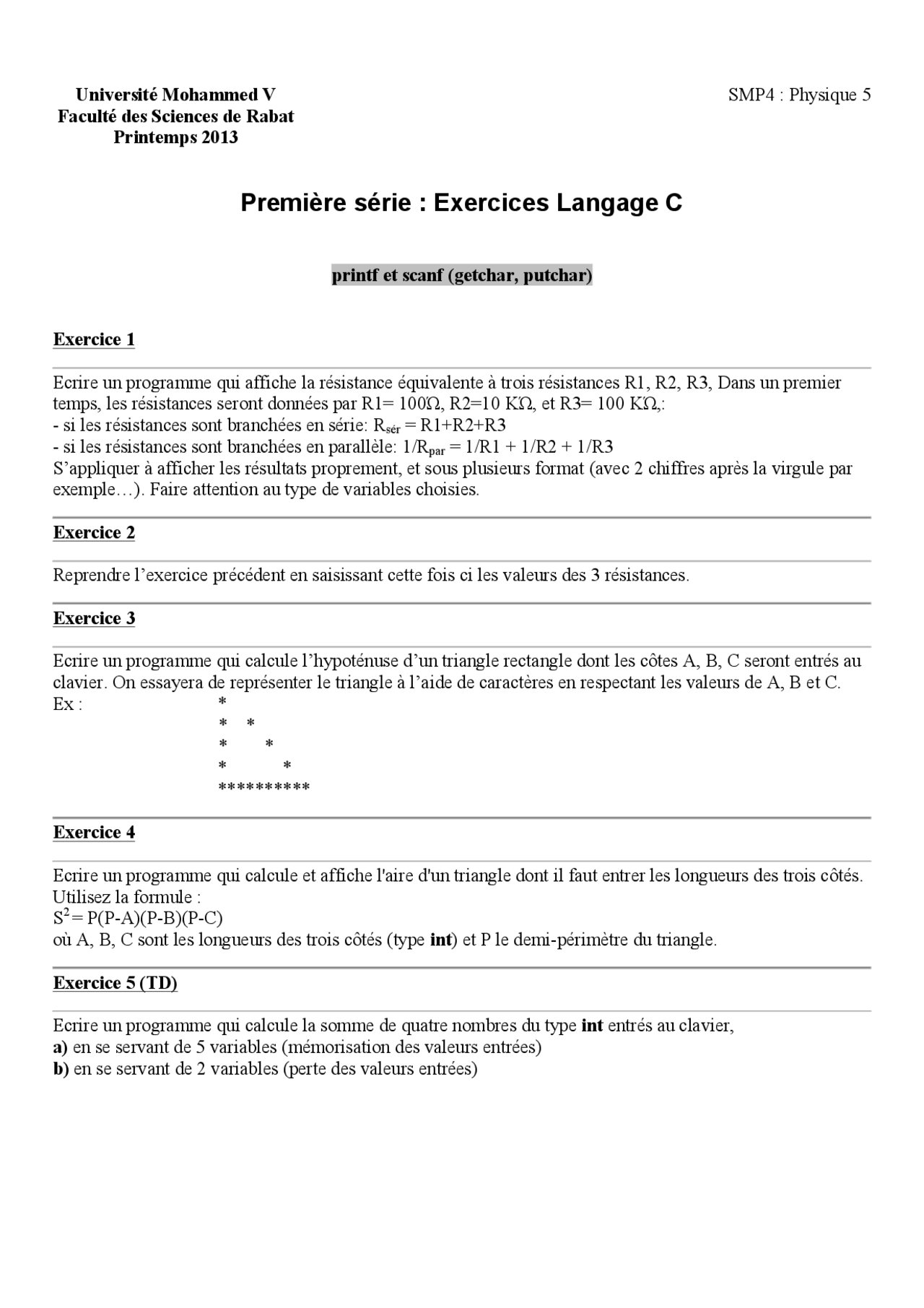 Notes sur les exercices Langage C - Docsity
