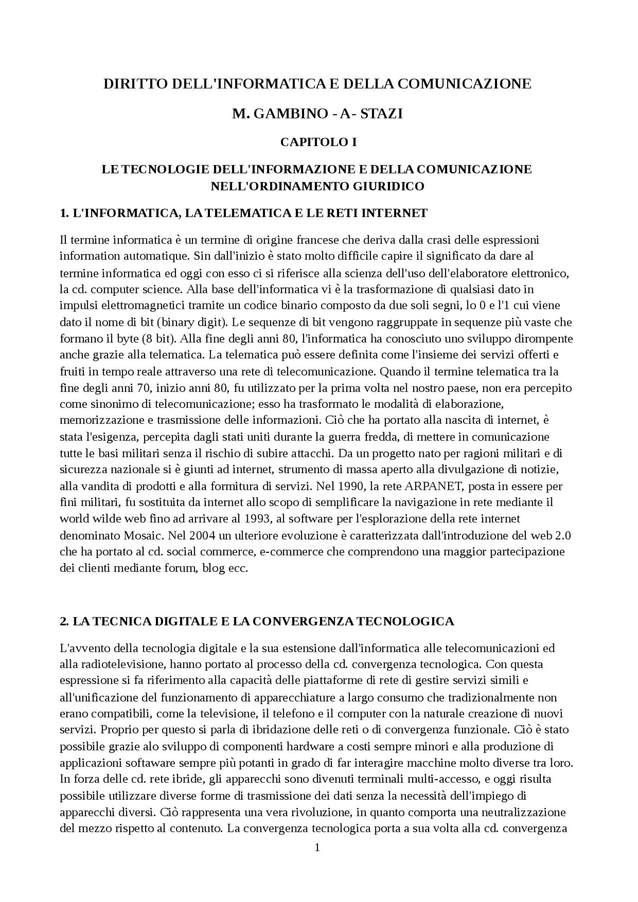 Diritto dell'informatica e della comunicazione cap I Gambino Stazi ...
