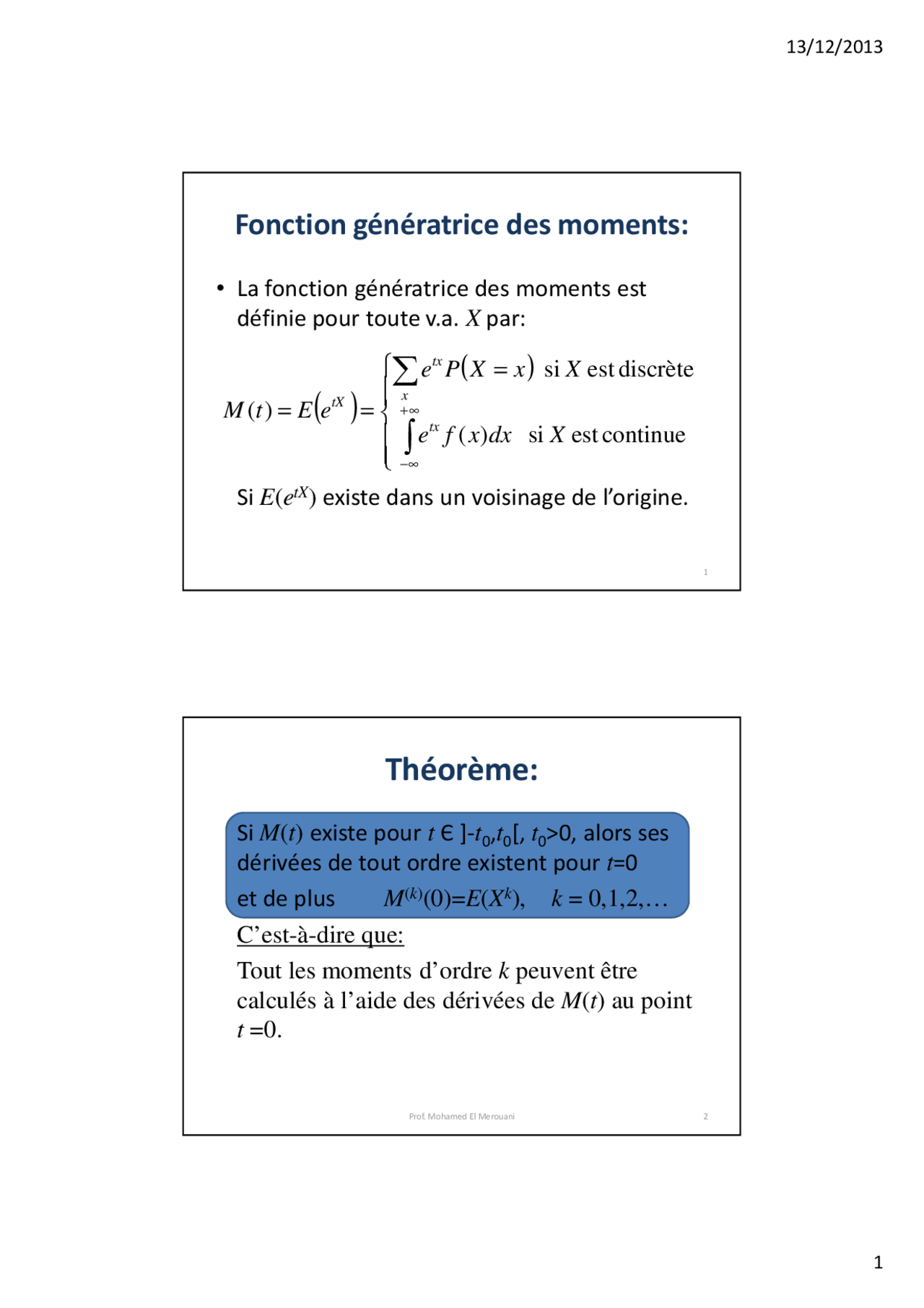 Notes sur la fonction génératrice des moments 1° partie Docsity