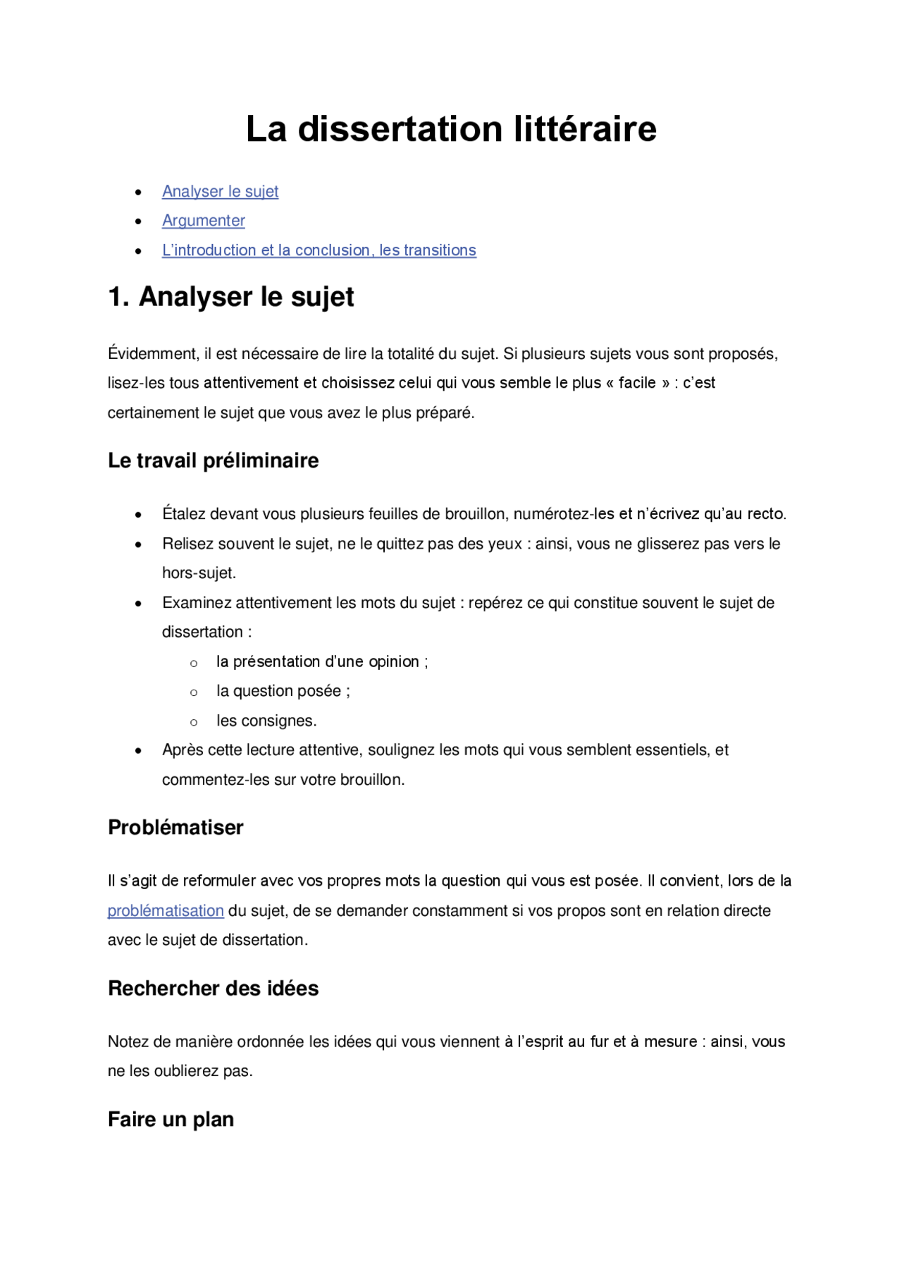 Notes sur la dissertation littéraire - Docsity