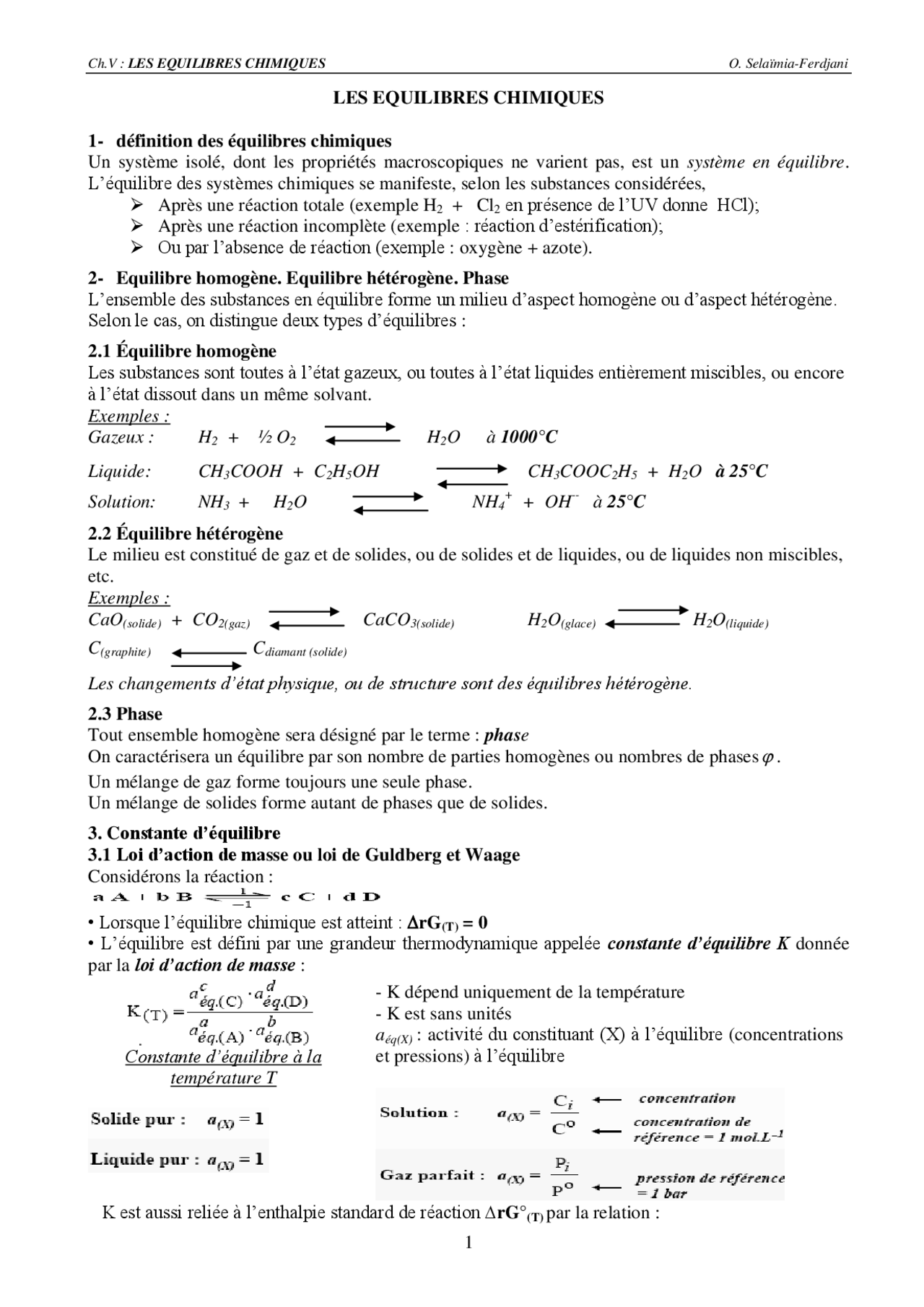 Notes sur les équilibres chimiques - Docsity