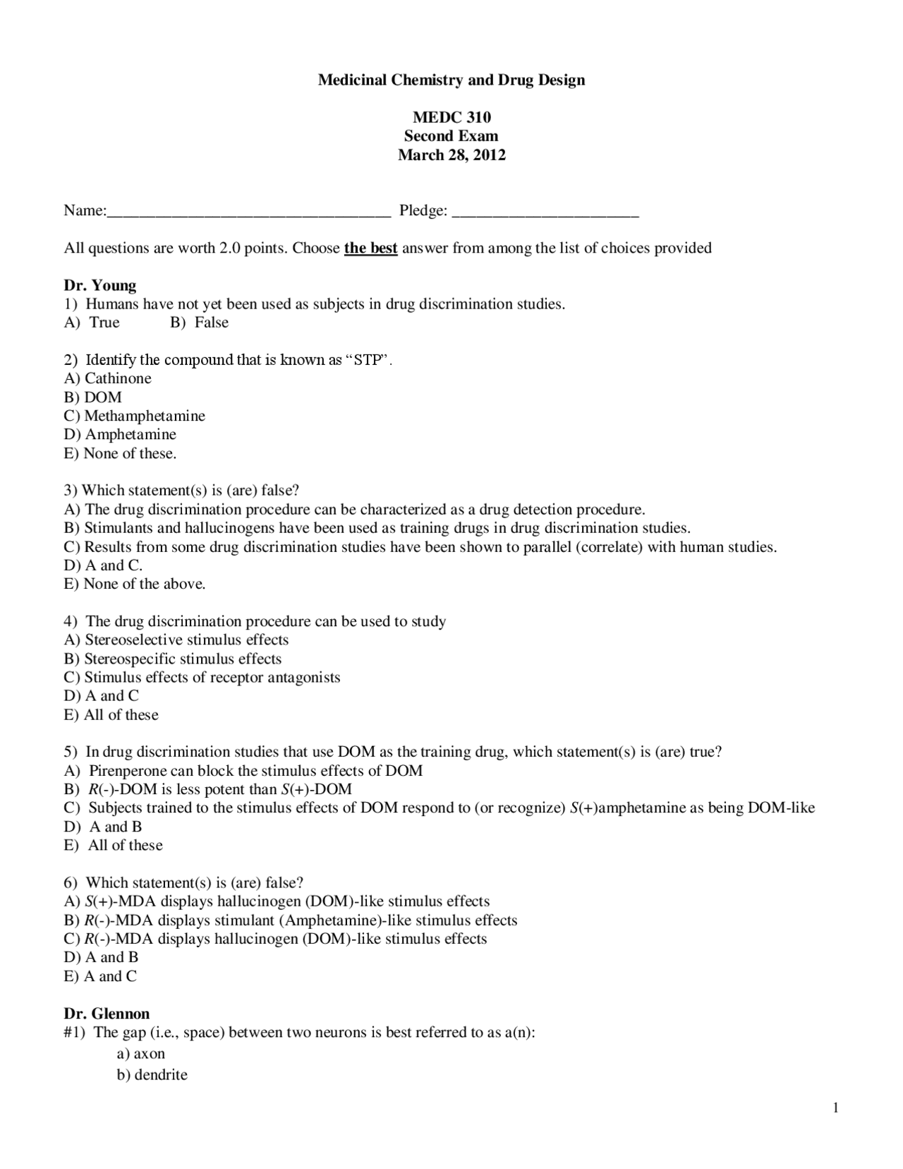 Questions on Medicinal Chemistry and Drug Design - Exam 2 | CHEM 310 ...