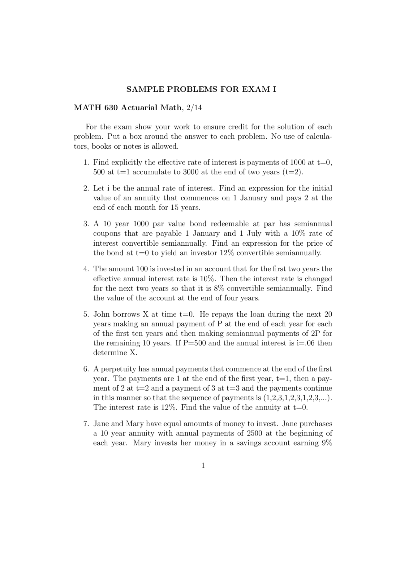 Actuary Math Examples 10 Sample Problems on Actuarial Mathematics | MATH 630 - Docsity