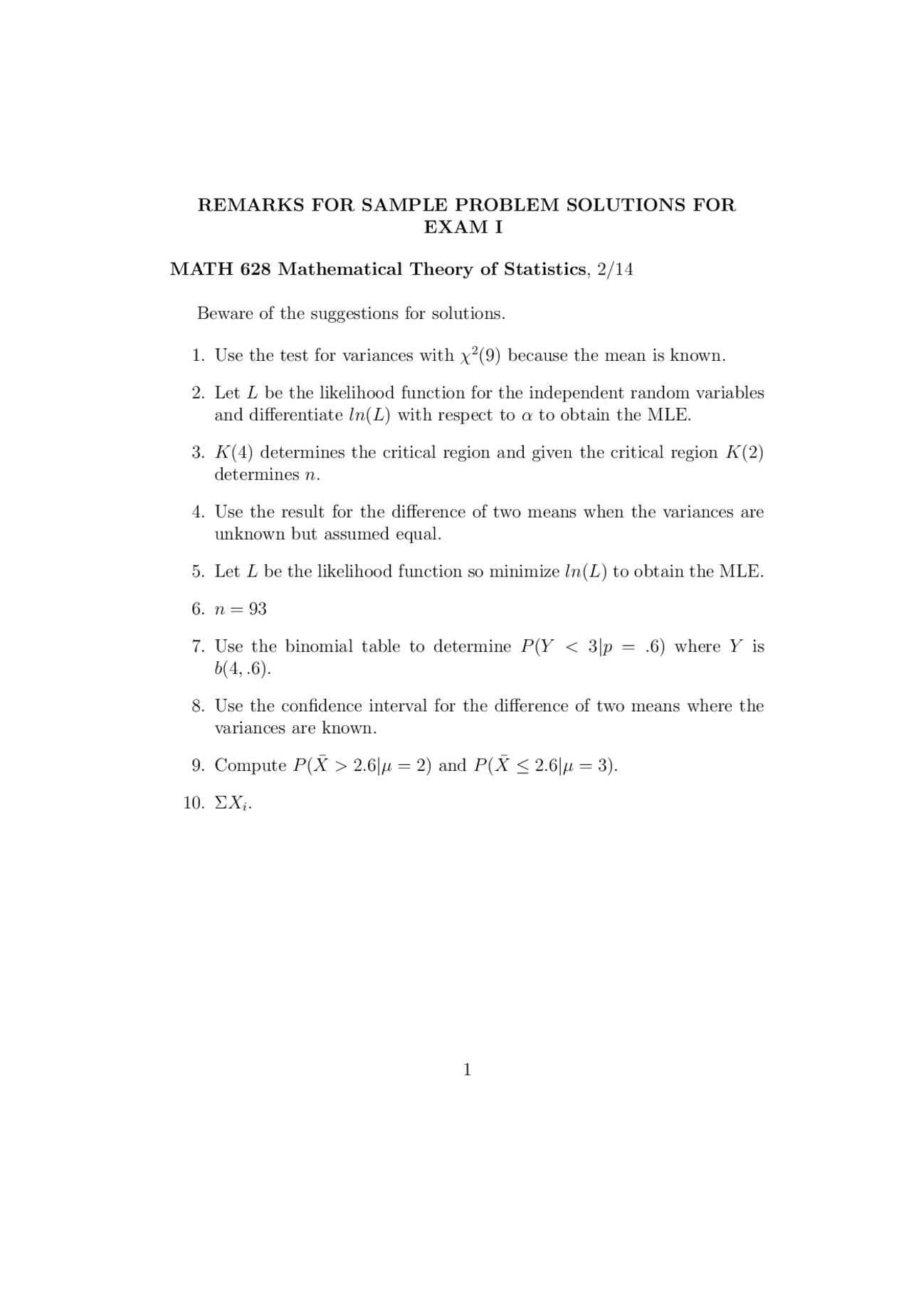Math Theory Problem 10 Problems in Mathematical Theory Statistics - Exam 1 | MATH 628 - Docsity