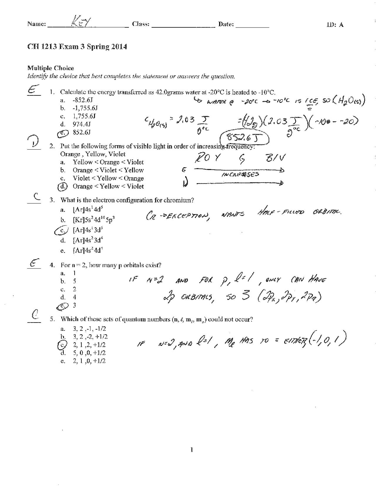 27 Multiple Choice Questions with Answer - Chemistry | Exam 3 | CH 1213 ...