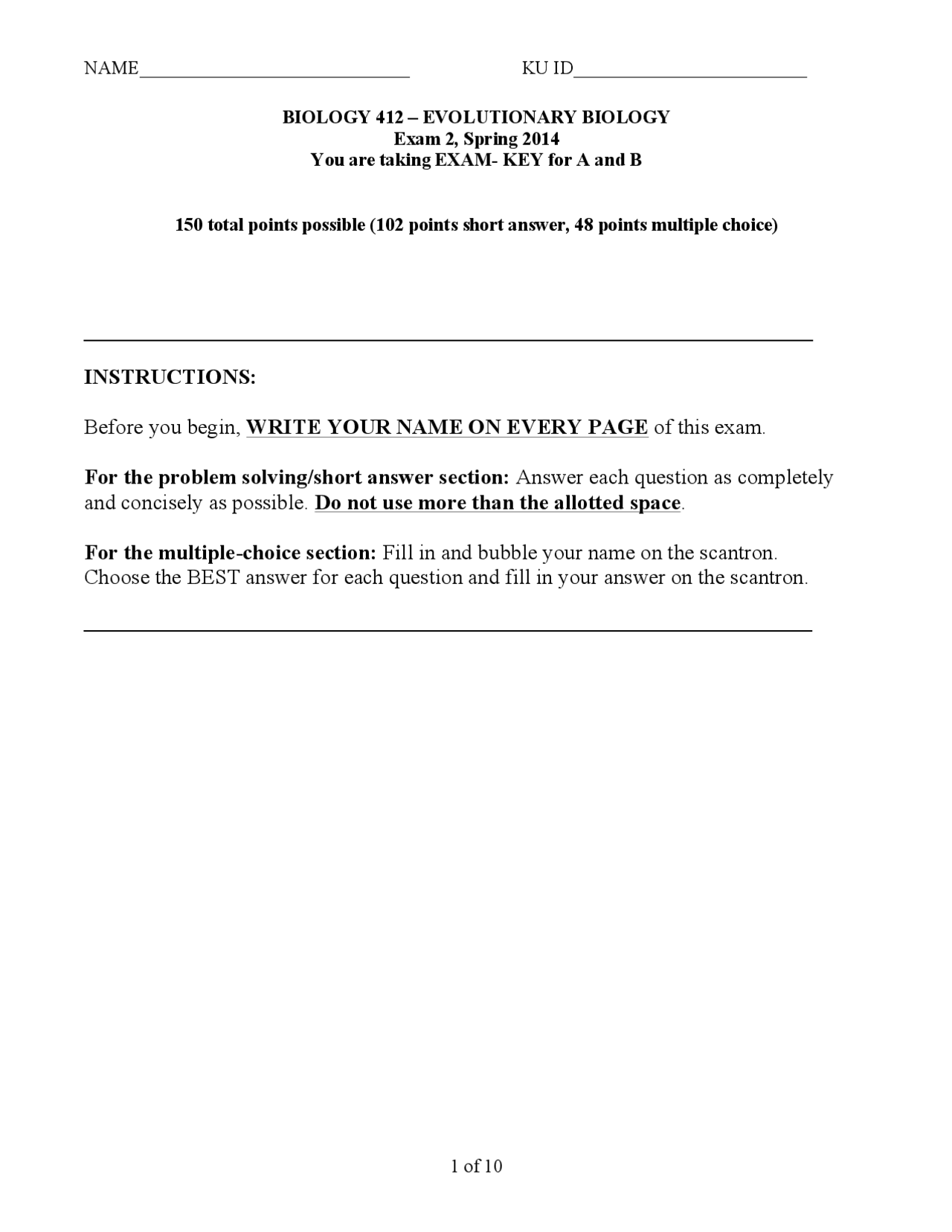 Answer Key for Exam 2 A and B | Evolutionary Biology | BIOL 412 - Docsity
