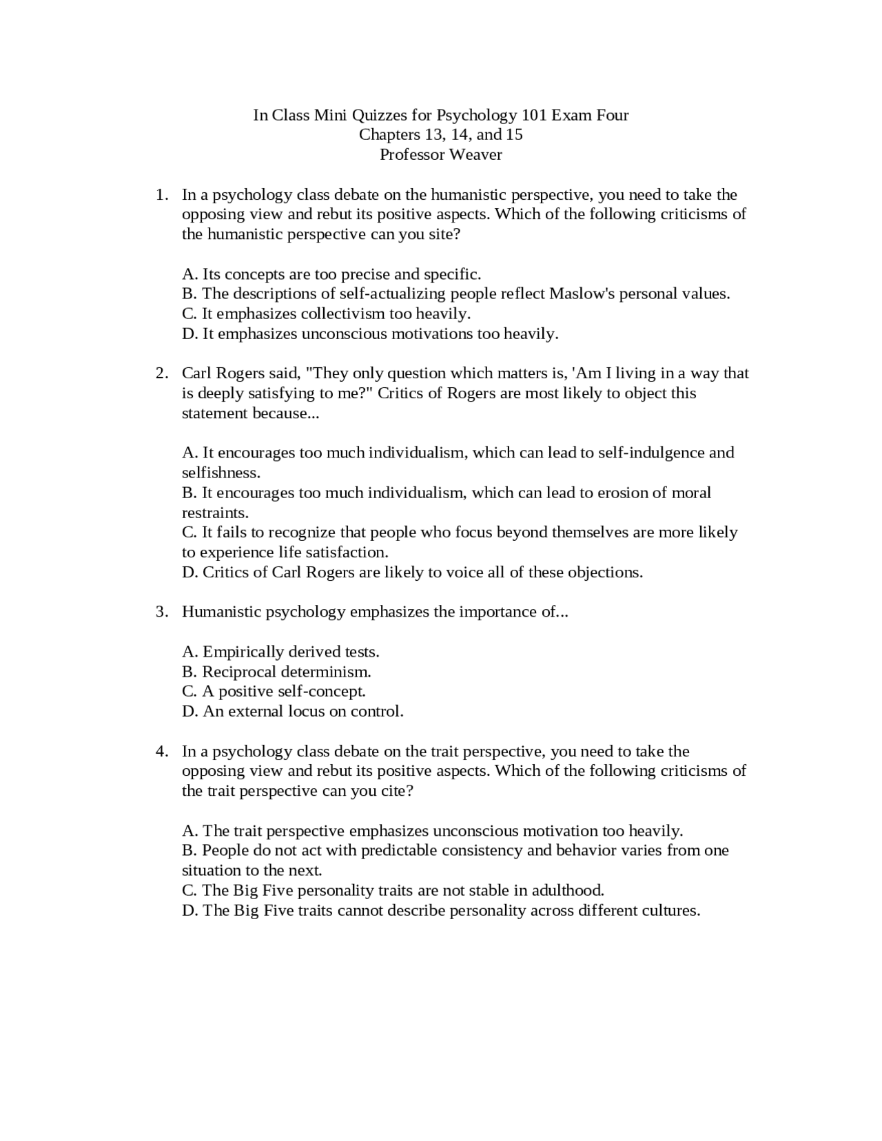 Sample Quiz 4 with Answers on Introductory Psychology | PSY 101 ...