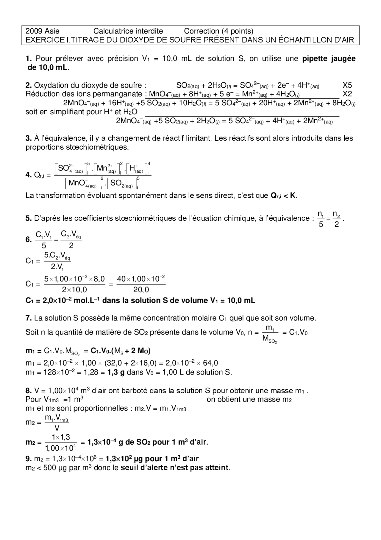 Chimie - exercices sur le titrage du dioxyde de soufre présent dans un ...