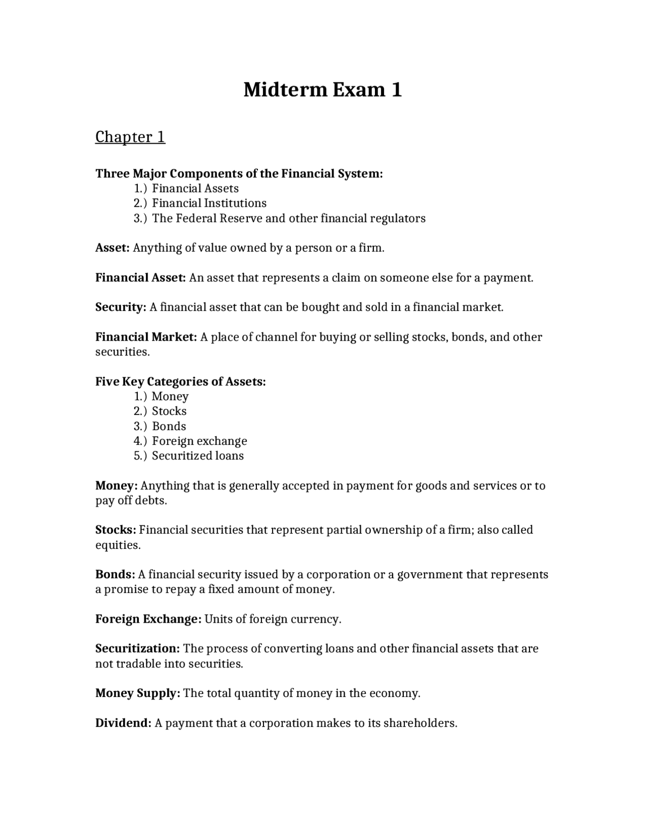 Midterm Exam 1 Review Money and Banking ECON 3200 Docsity