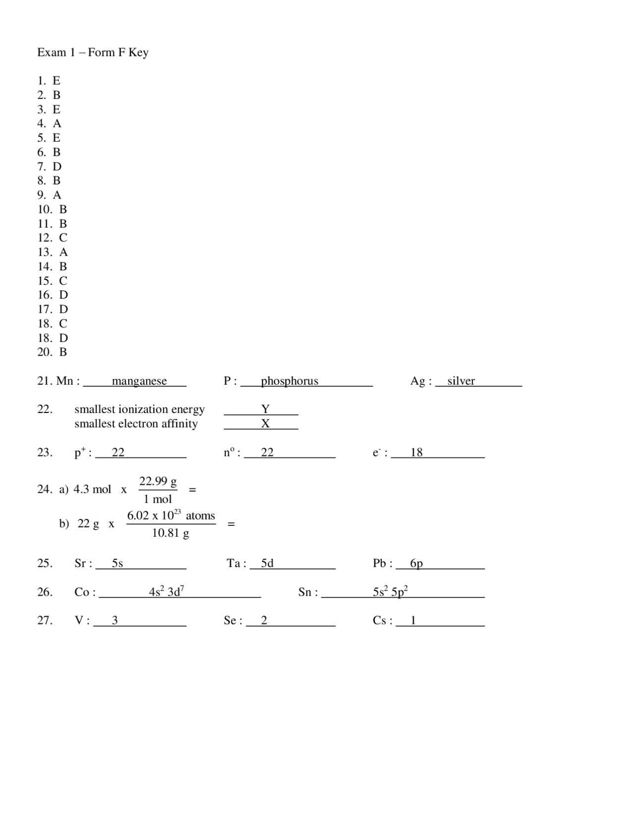 Exam 1F Answer Key | Chemistry A Molecular Science | CH 101 - Docsity